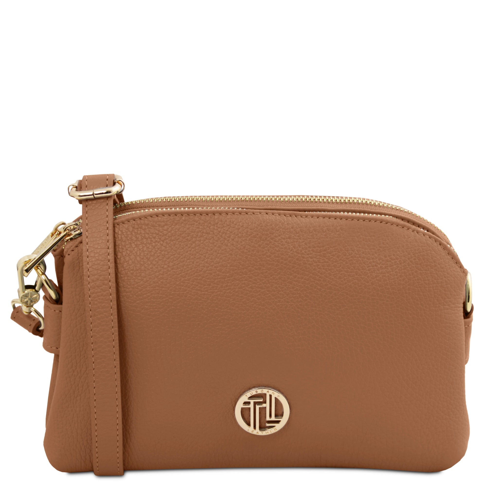 Front view Lily Soft Italian Pebbled Leather Shoulder Bag in cognac showing crossbody strap and TL gold metal logo