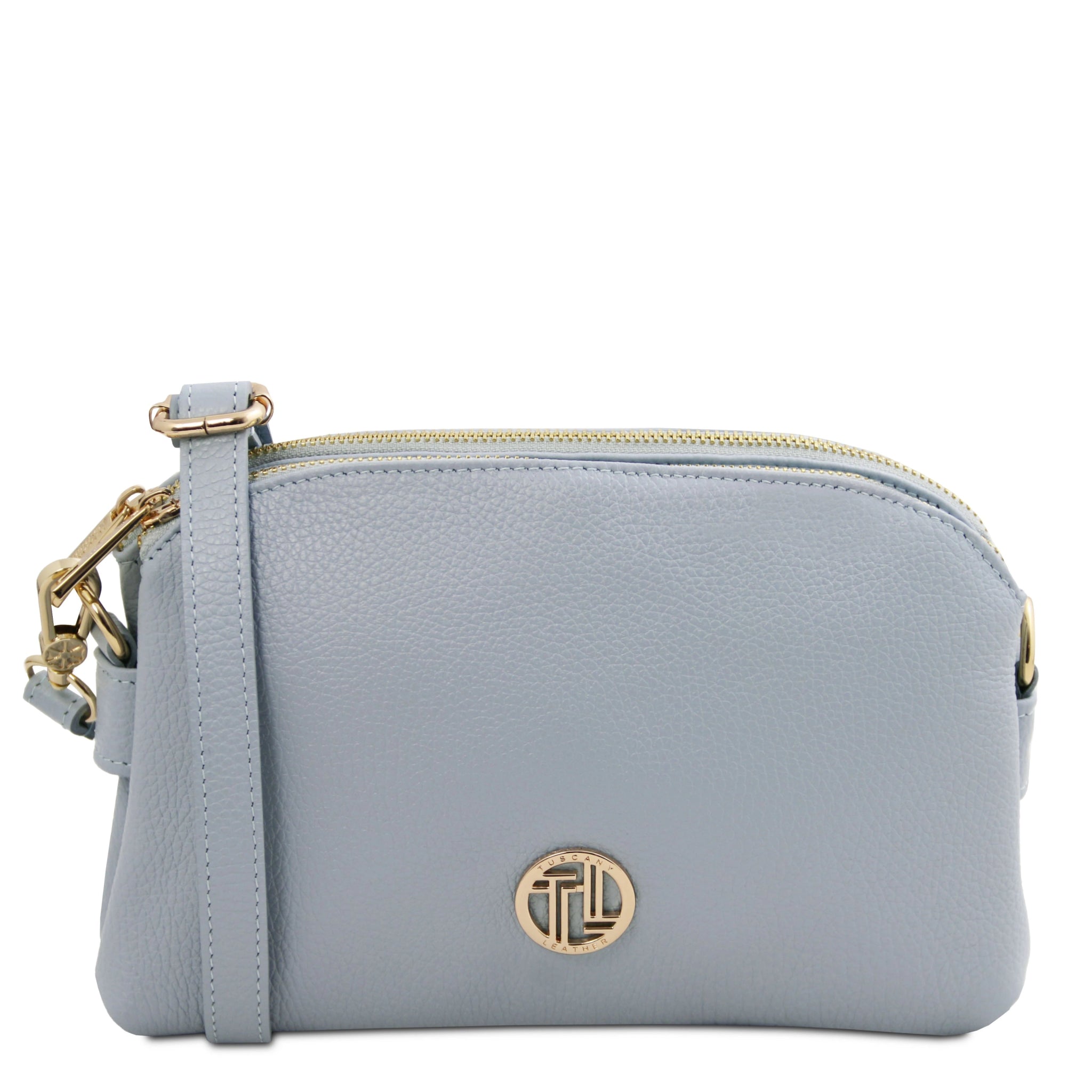 Front view Lily Soft Italian Pebbled Leather Shoulder Bag in light blue showing crossbody strap and TL gold metal logo
