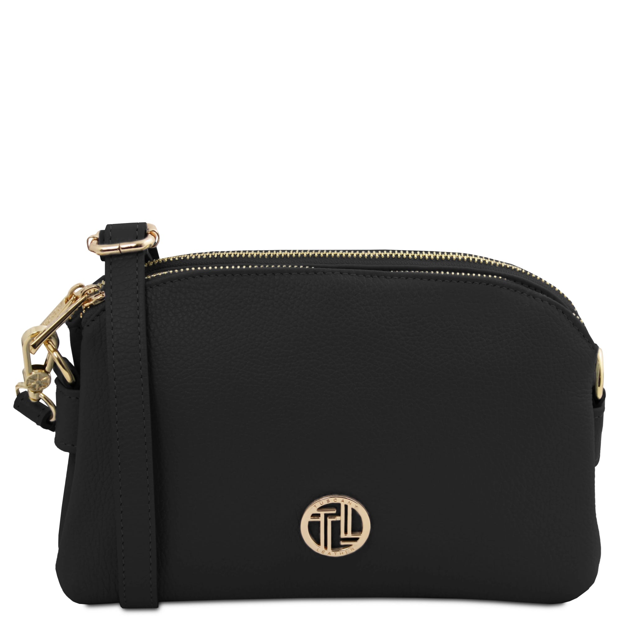 Front view Lily Soft Italian Pebbled Leather Shoulder Bag in black showing crossbody strap and TL gold metal logo
