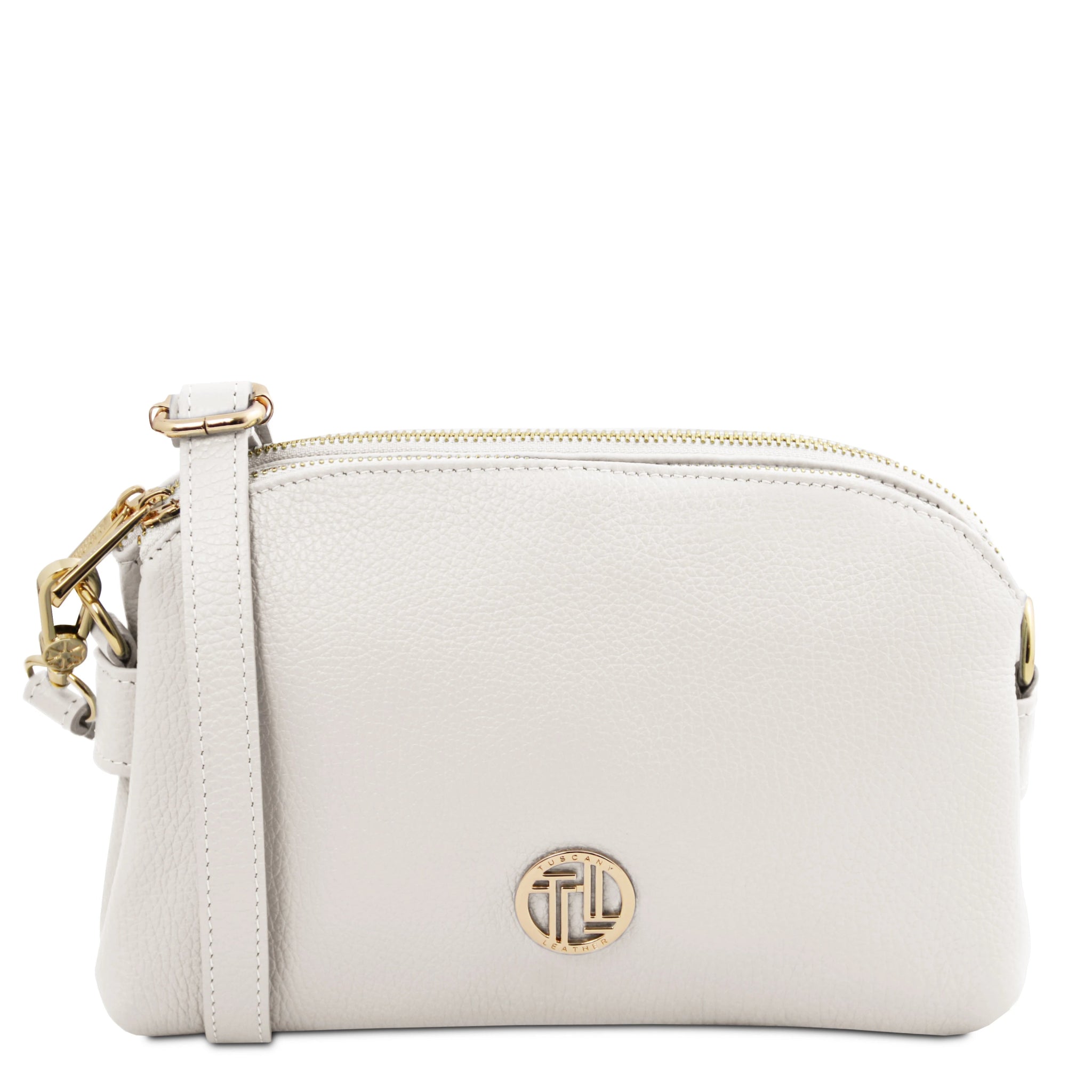 Front view Lily Soft Italian Pebbled Leather Shoulder Bag in white showing crossbody strap and TL gold metal logo