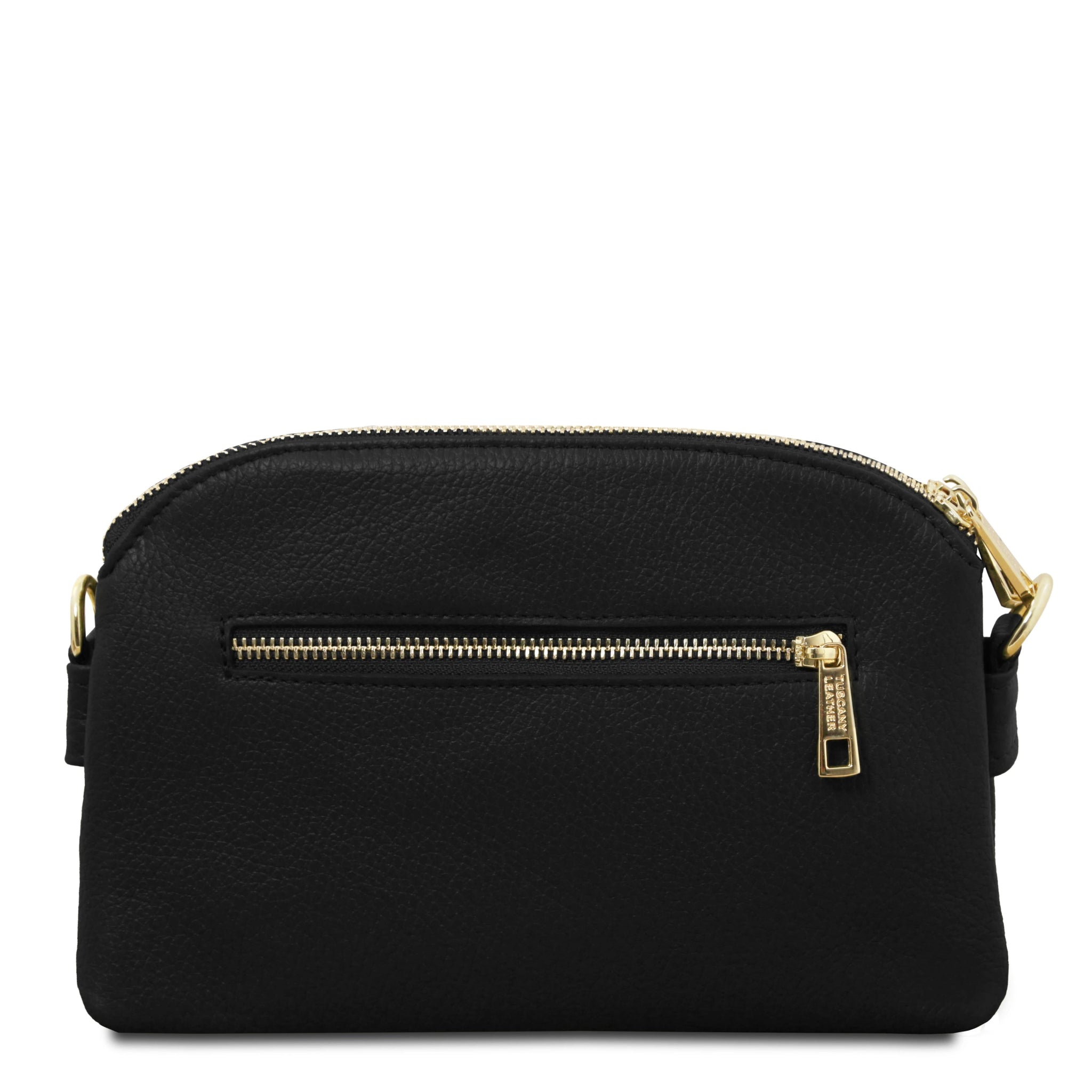 Back view Lily Soft Italian Pebbled Leather Shoulder Bag in black showing exterior zippered pocket