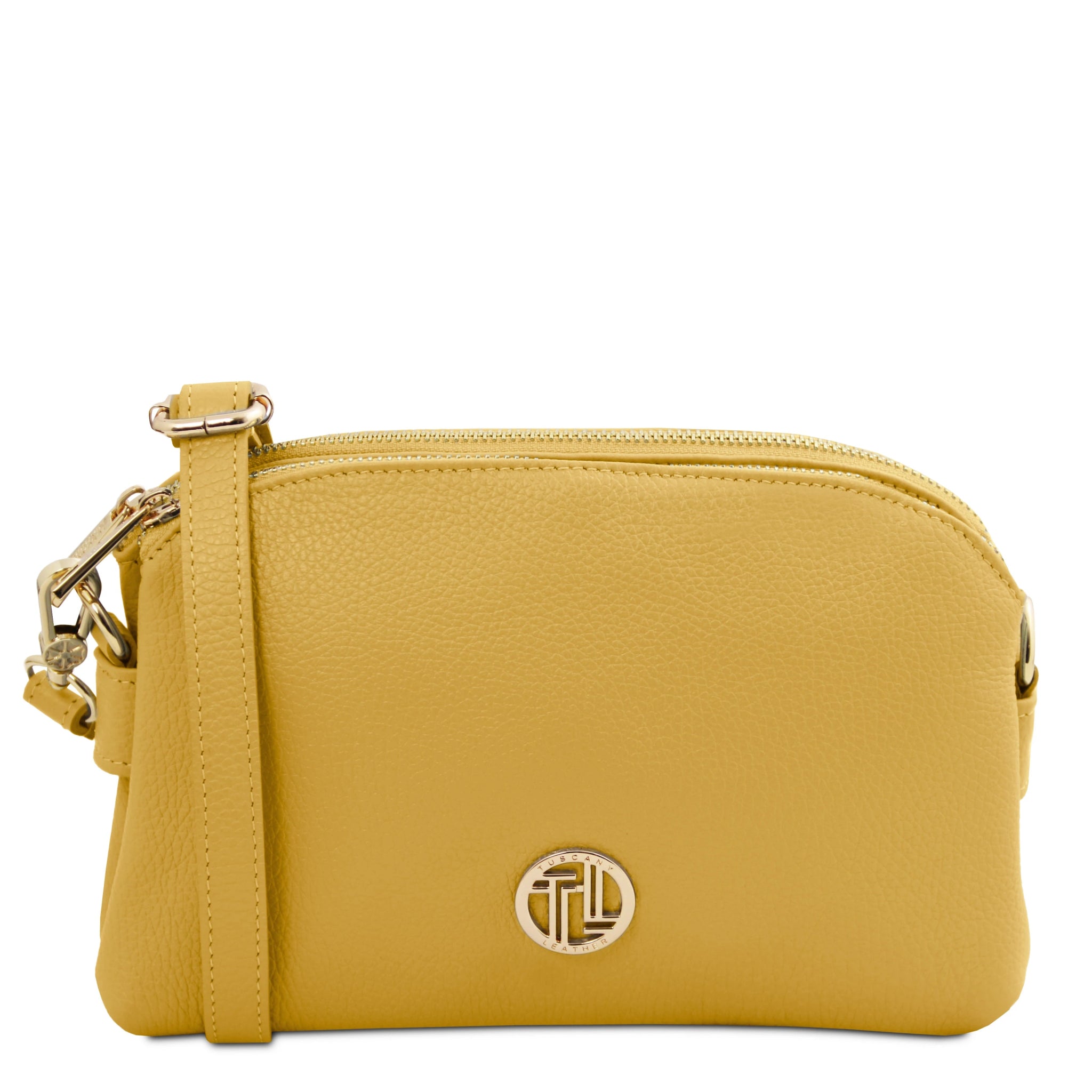 Front view Lily Soft Italian Pebbled Leather Shoulder Bag in pastel yellow showing crossbody strap and TL gold metal logo