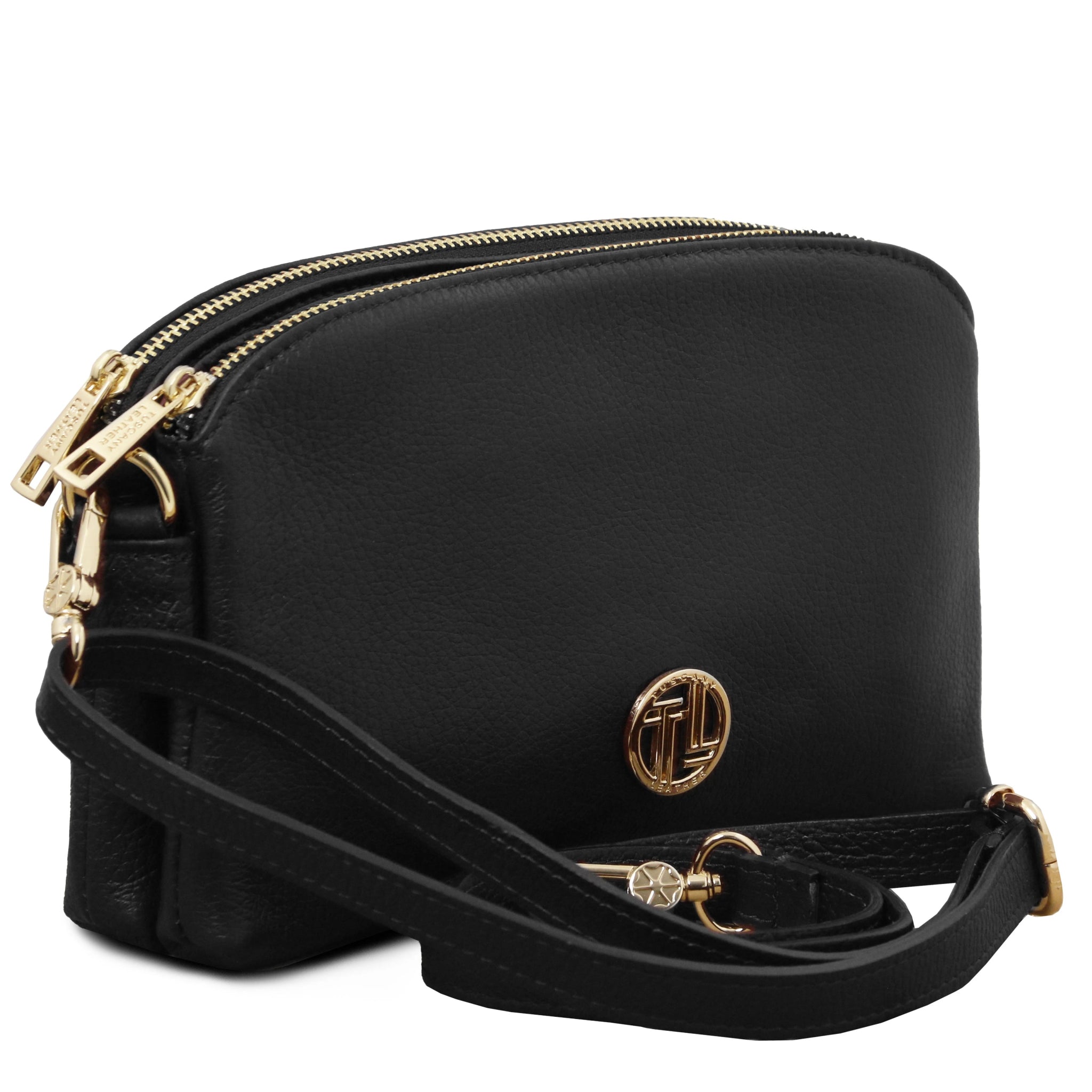 Front angled view Lily Soft Italian Pebbled Leather Shoulder Bag in black showing crossbody strap and two golden main zippers