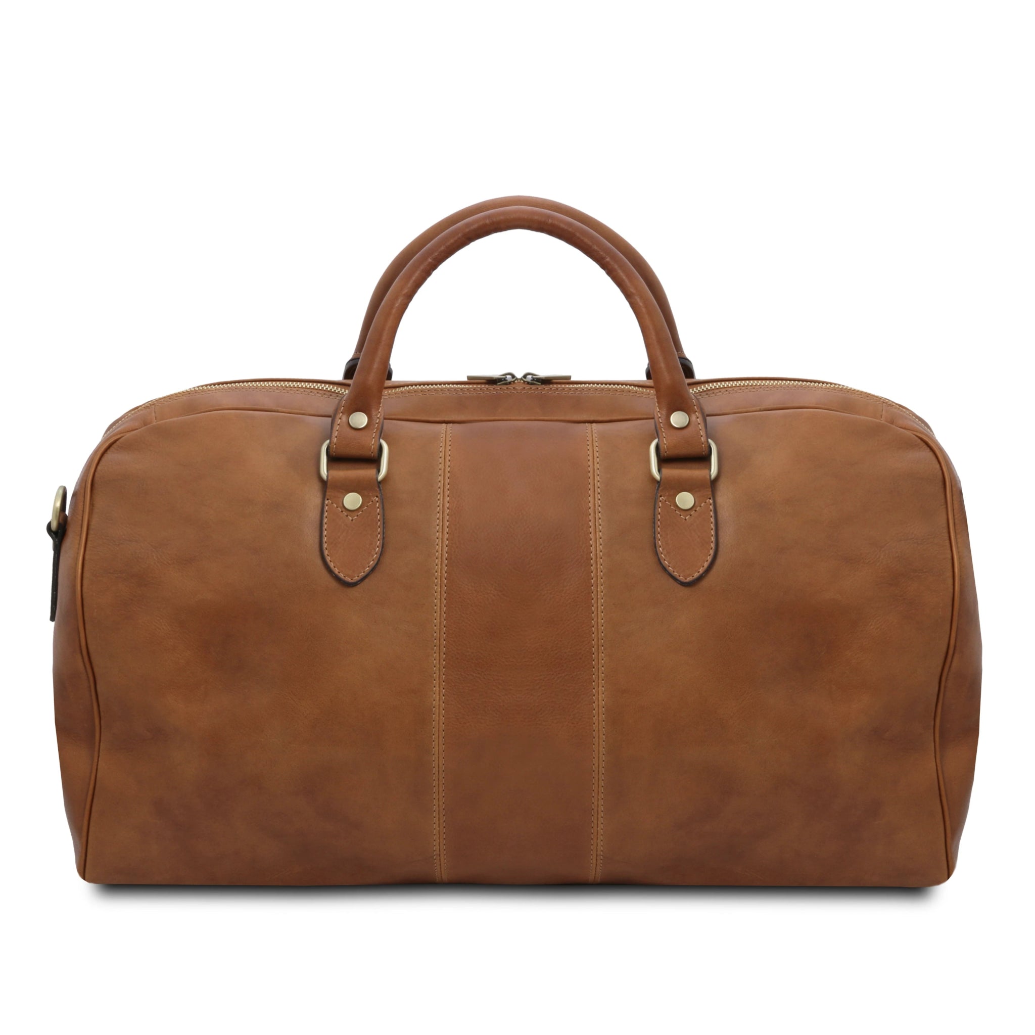 Lisbona Travel Leather Duffle Bag in Natural Back View on a white background with brushed gold tone hardware