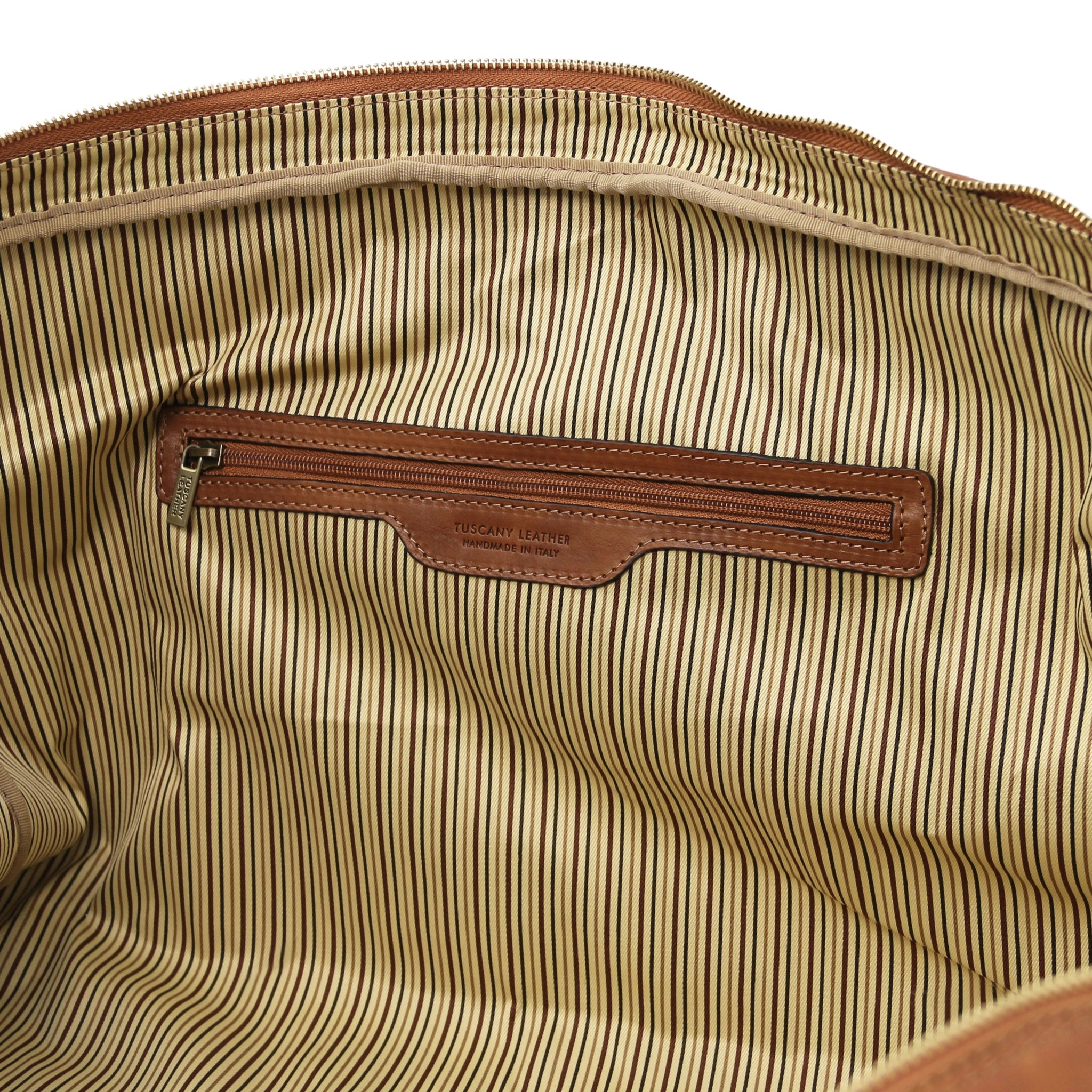 Lisbona Travel Italian Natural Leather Duffle Bag interior zip pocket view on a white background