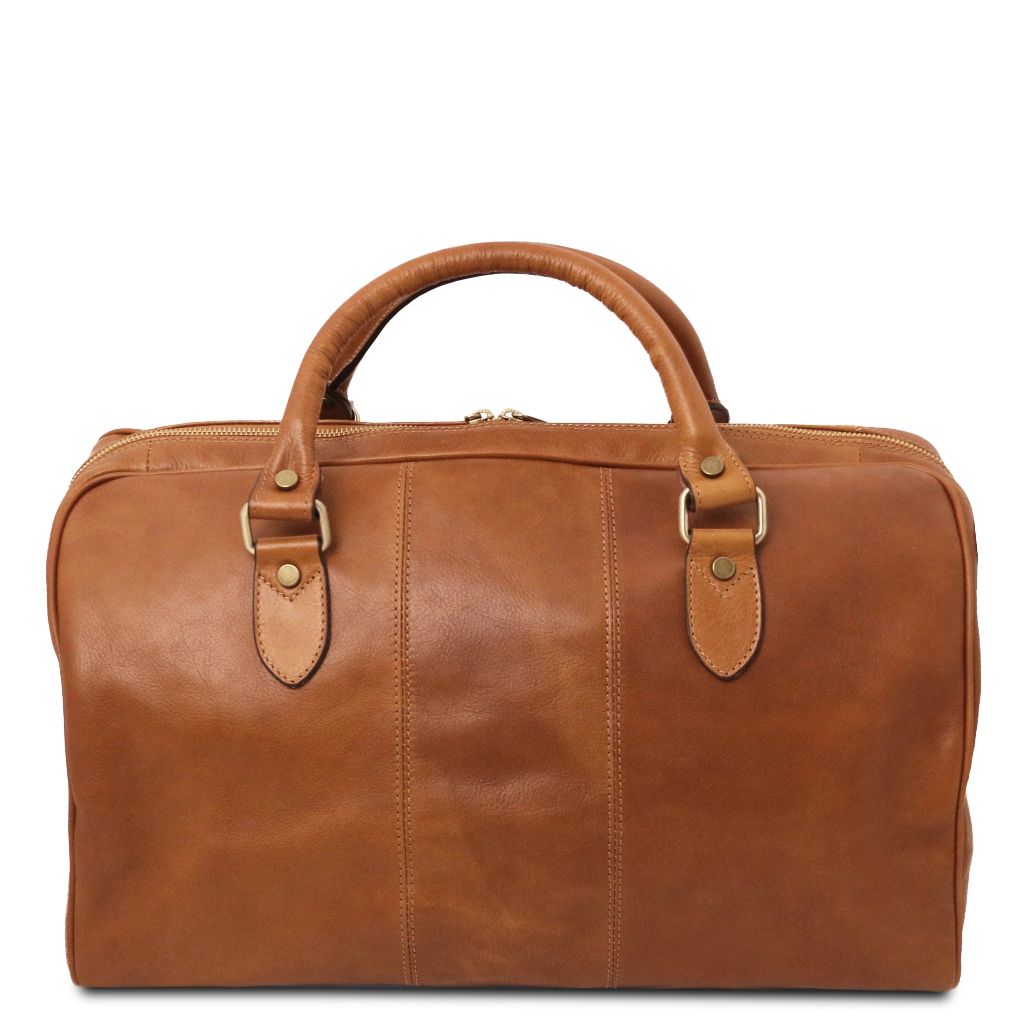 Back View Lisbona Travel Italian Matte Leather Small Duffle Bag in Honey showing handle