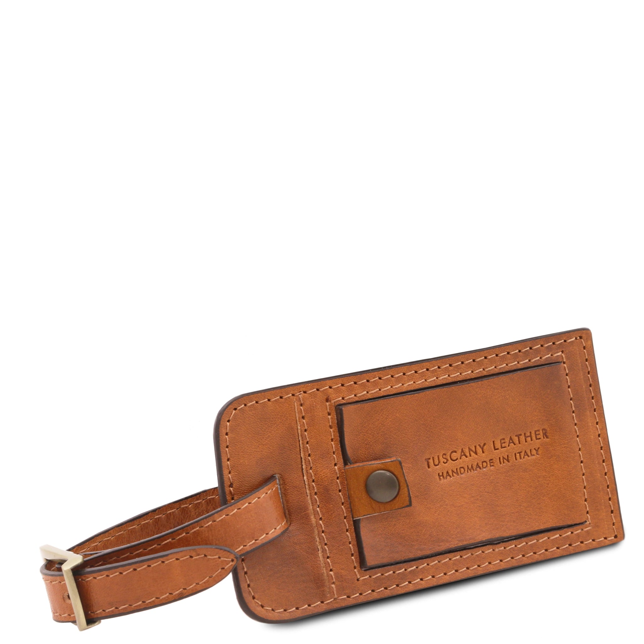 Front View Lisbona Travel Italian Matte Leather Small Duffle Bag in Honey showing luggage tag