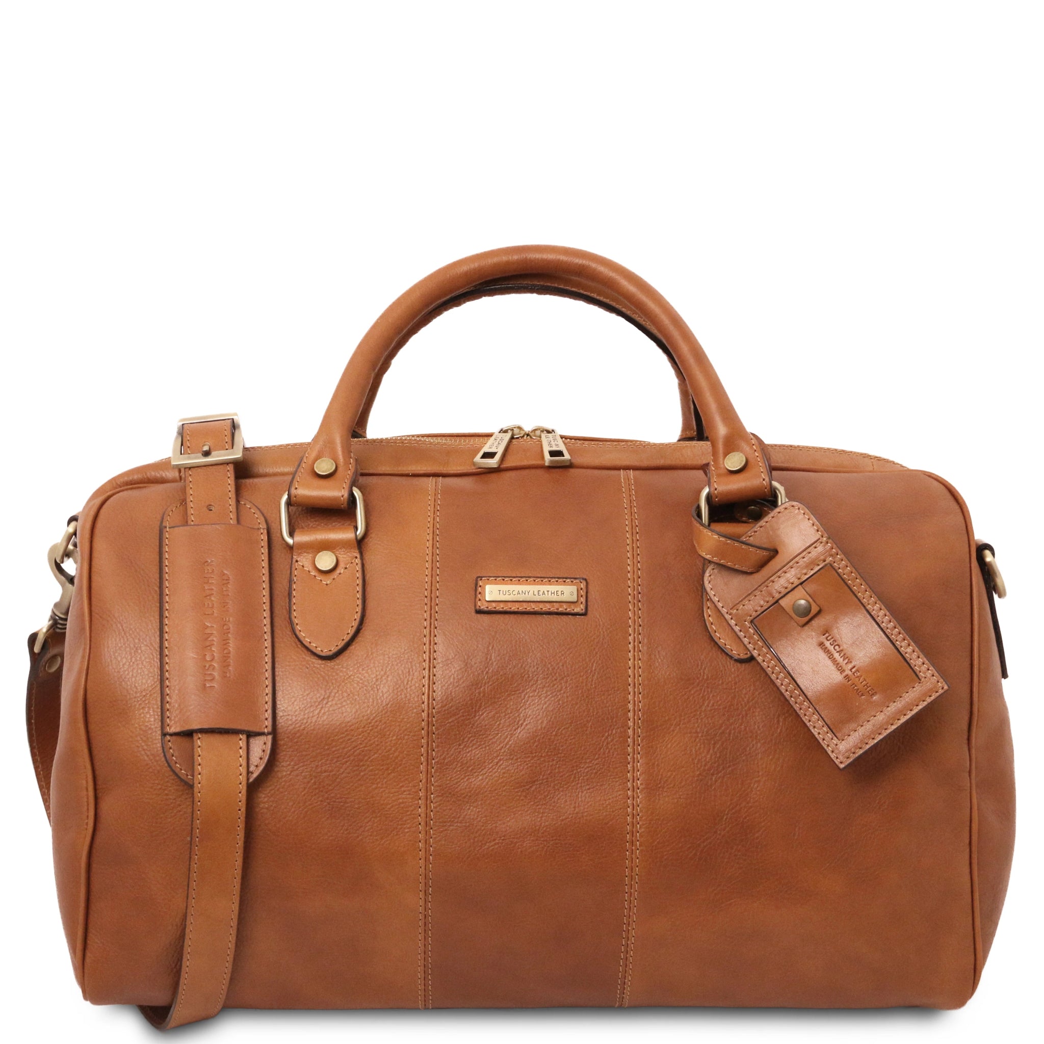 Front View Lisbona Travel Italian Matte Leather Small Duffle Bag in Natural showing handle, shoulder strap and luggage tag