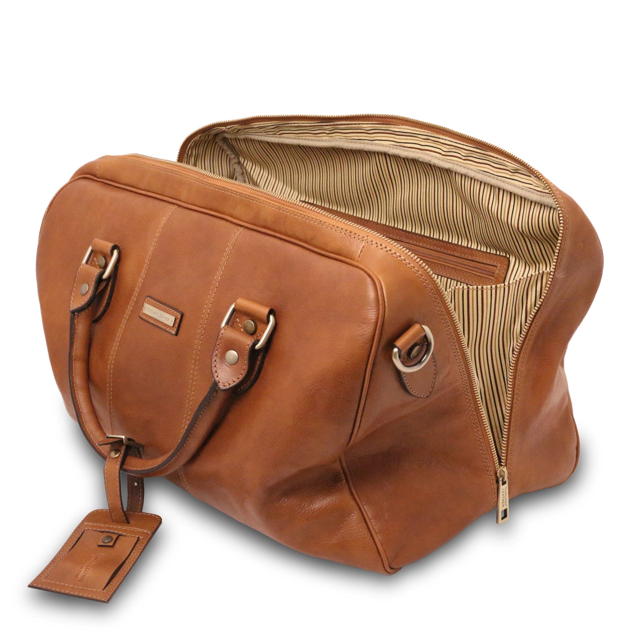 Front Interior View Lisbona Travel Italian Matte Leather Small Duffle Bag in Natural, Striped Black and Natural Lining