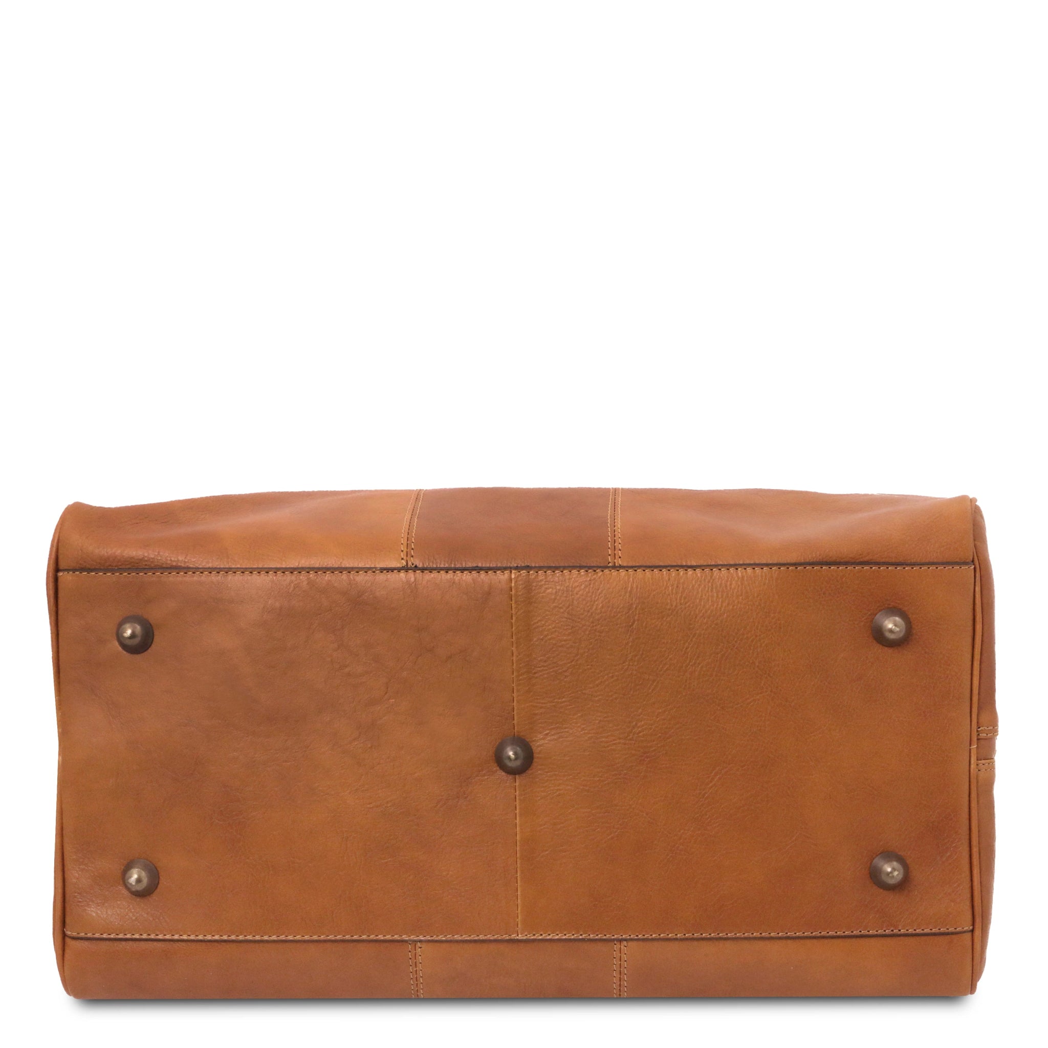 Bottom view of Lisbona Travel Italian Matte Leather Small Duffle Bag in Honey showing protective feet