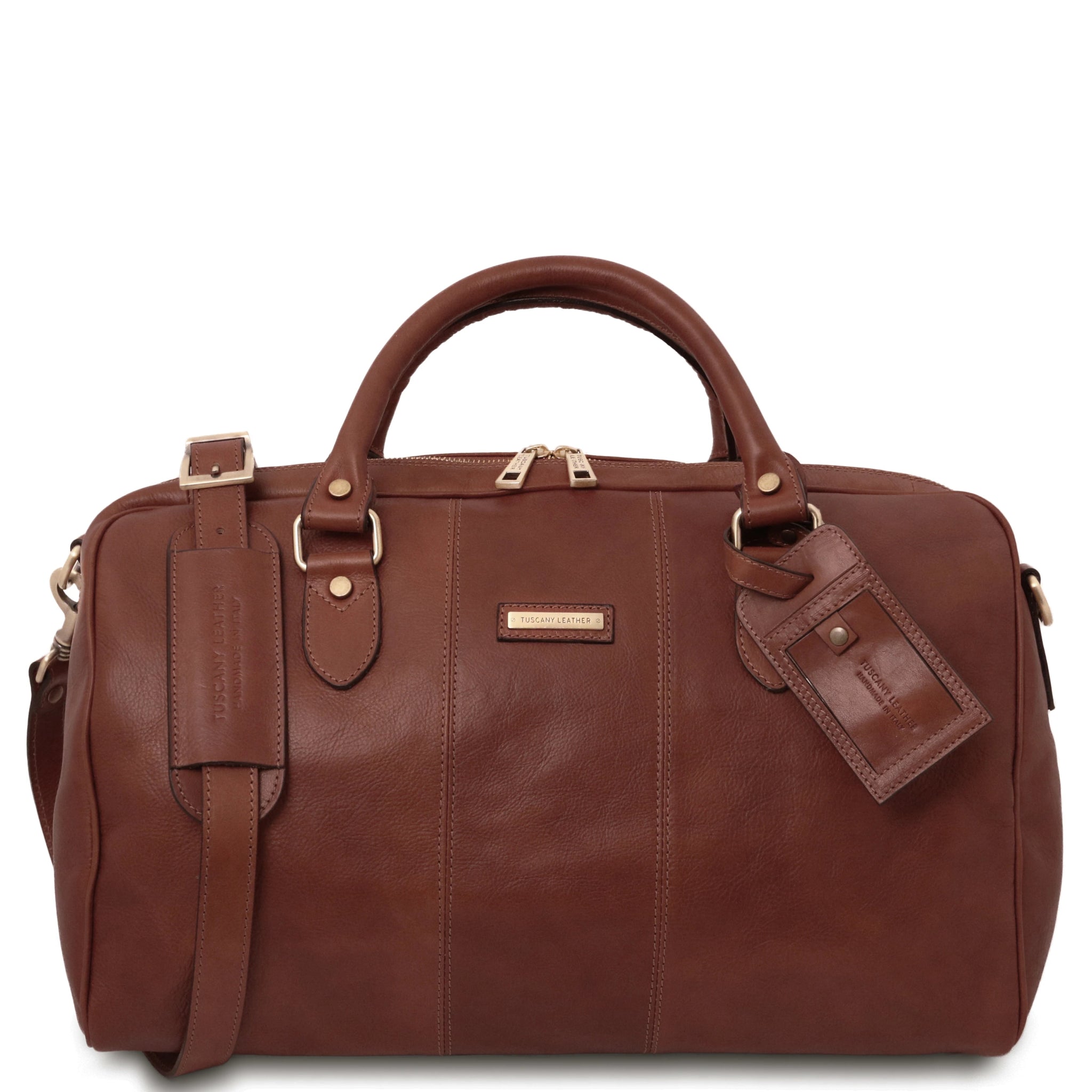 Front View Lisbona Travel Italian Matte Leather Small Duffle Bag in Brown showing handle, shoulder strap and luggage tag