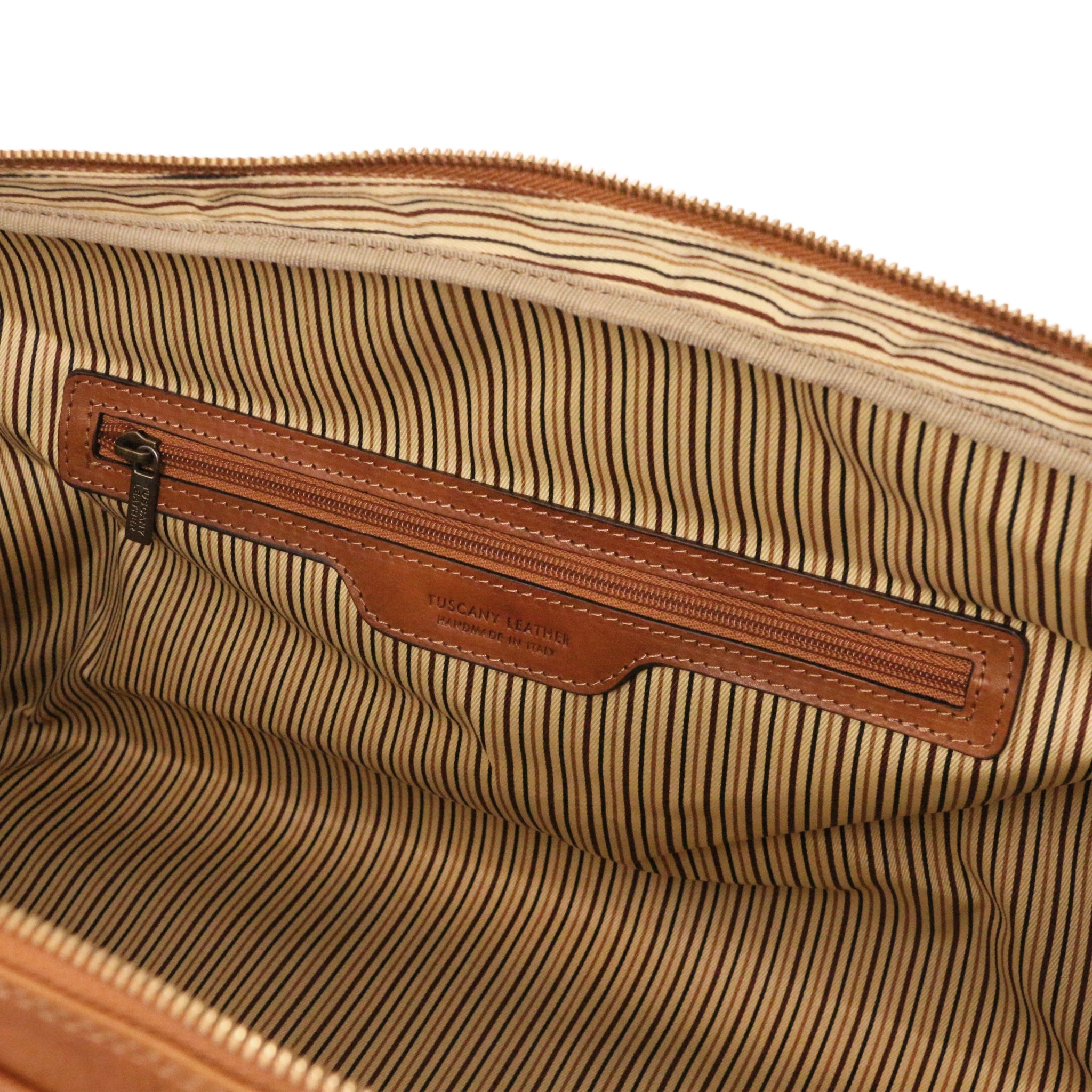Interior Zippered Pocket Lisbona Travel Italian Matte Leather Small Duffle Bag Natural showing striped Black / Natural Lining