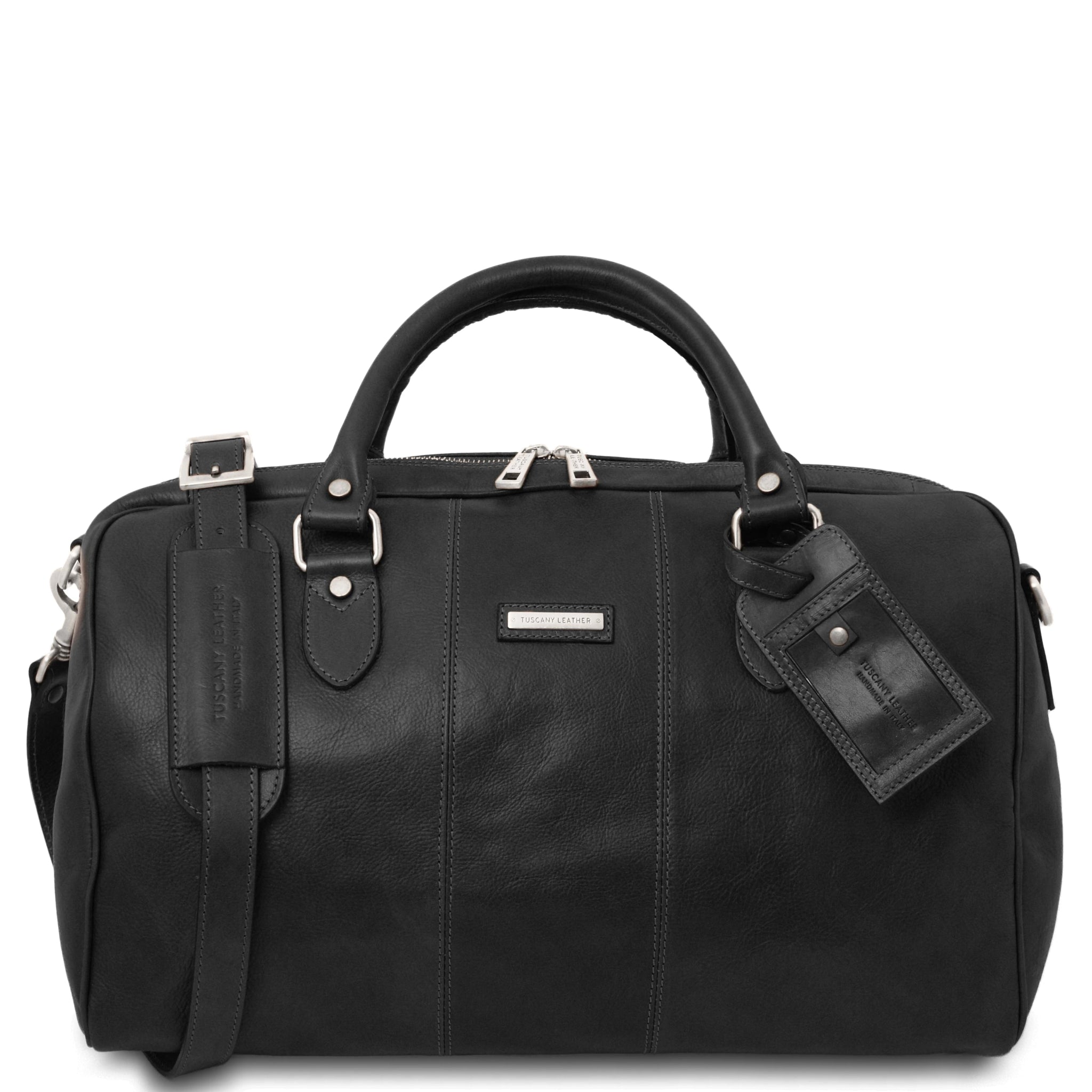 Front View Lisbona Travel Italian Matte Leather Small Duffle Bag in Black showing handle, shoulder strap and luggage tag