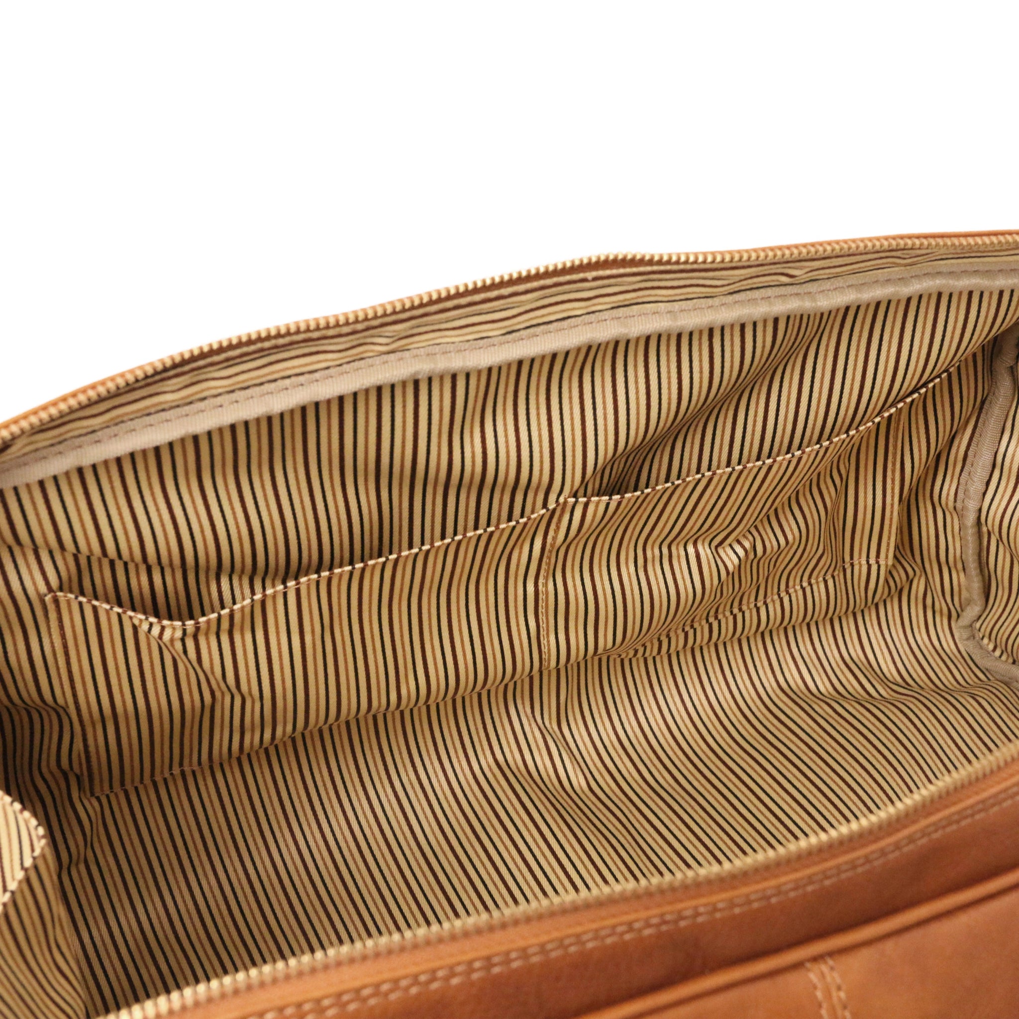 Interior Opened Pockets Lisbona Travel Italian Matte Leather Small Duffle Bag in Natural showing striped Black/Natural Lining