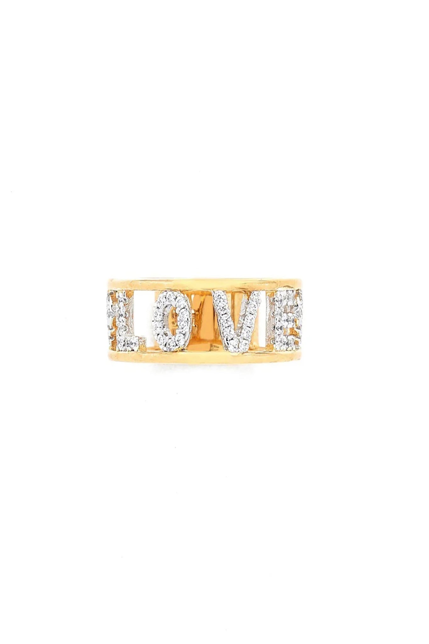 Love Golden Eternity Ring on a white background glistens in diamonettes