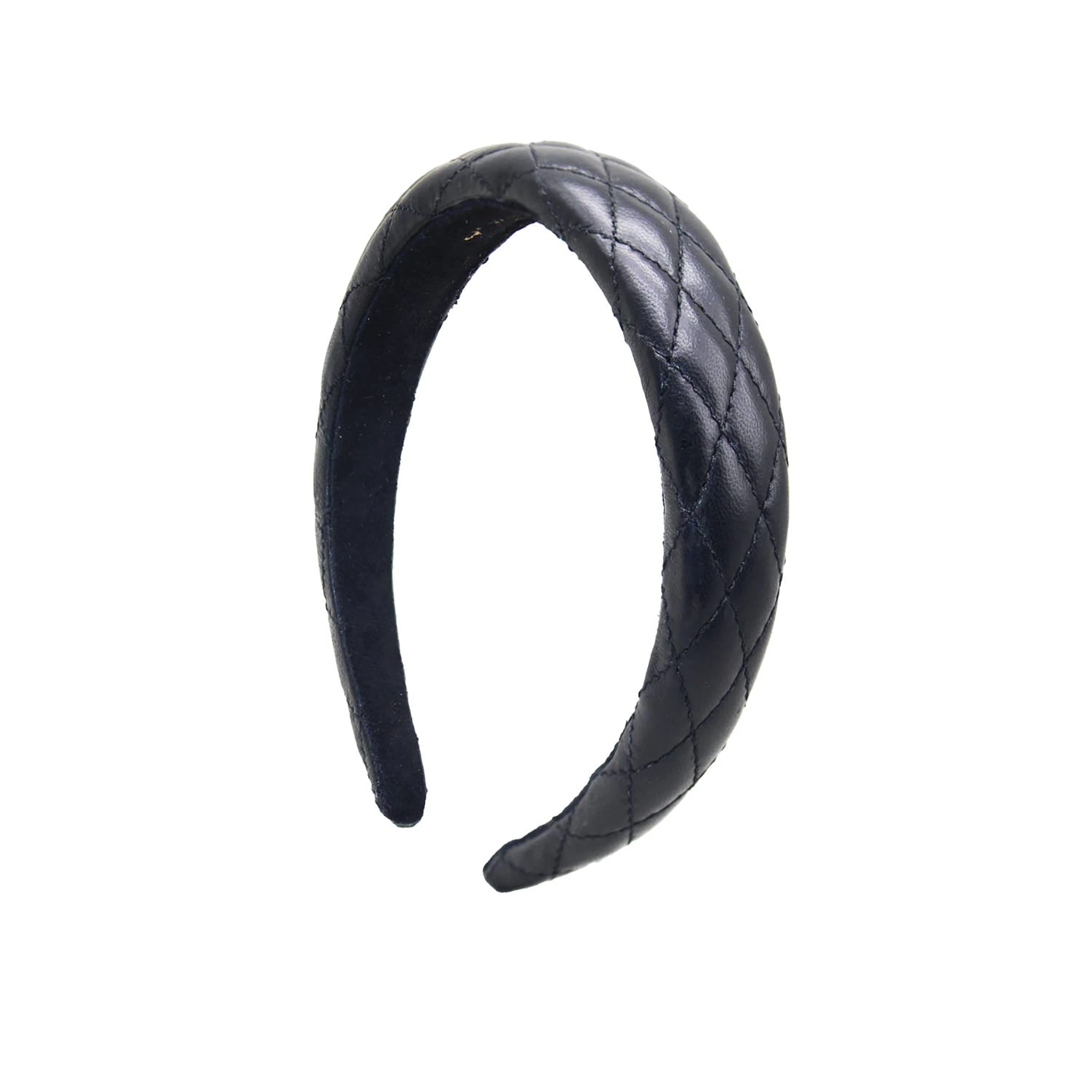 Black leather headband with a quilted pattern on a white background