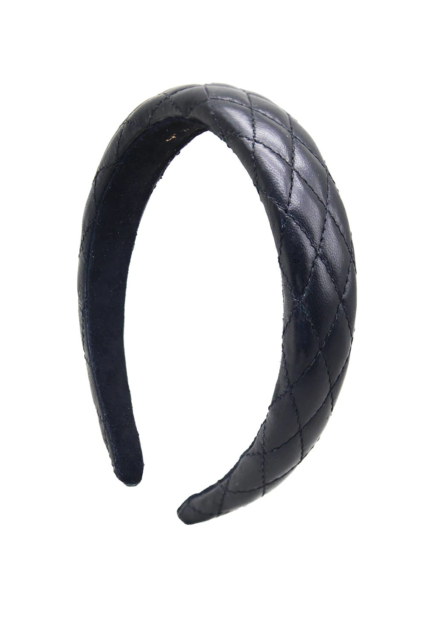 Black leather headband with a quilted pattern on a white background