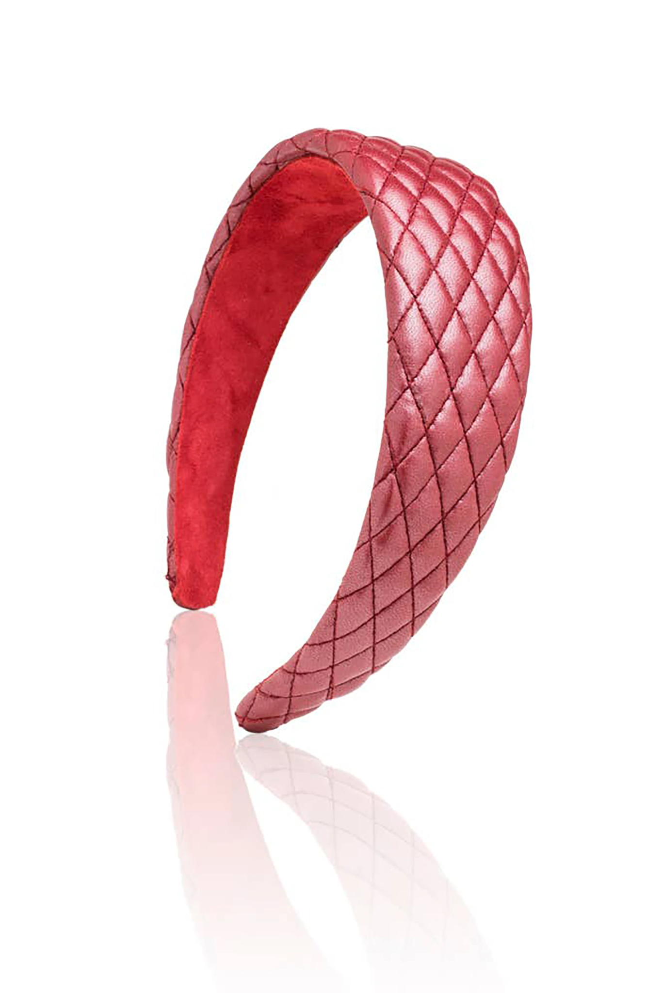 Red quilted leather headband on a white background