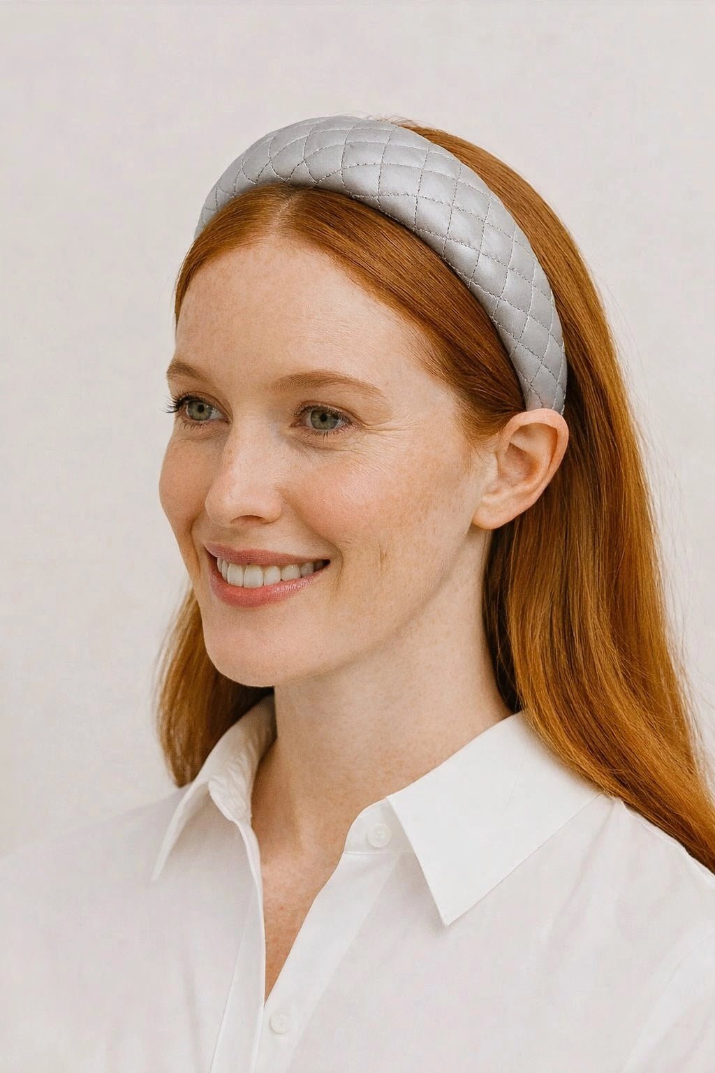 Mademoiselle Wide Leather Headband | Light Gray on model wearing a white blouse