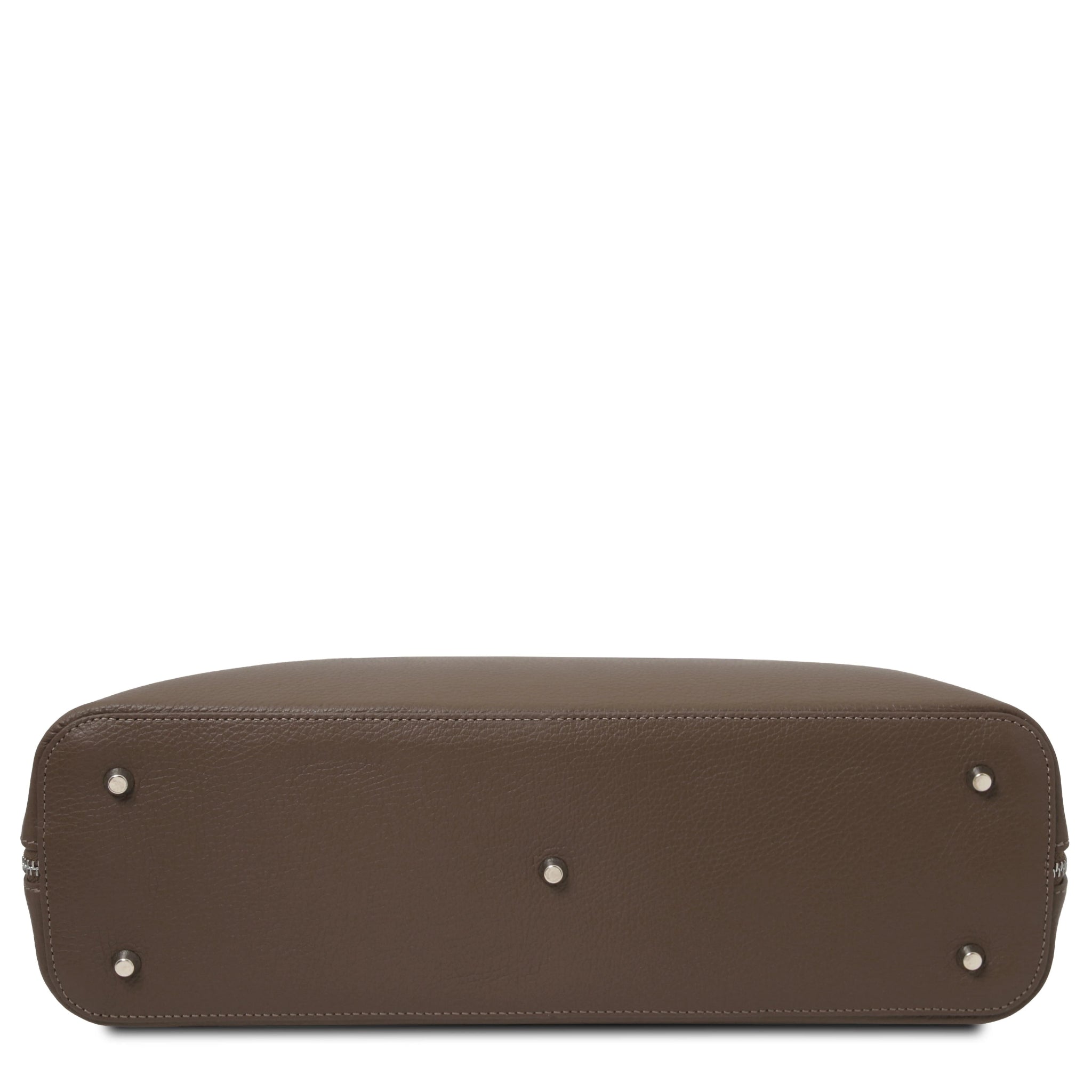 Magnolia Leather Business Bag in dark taupe bottom view showing silver tone metal protective feet