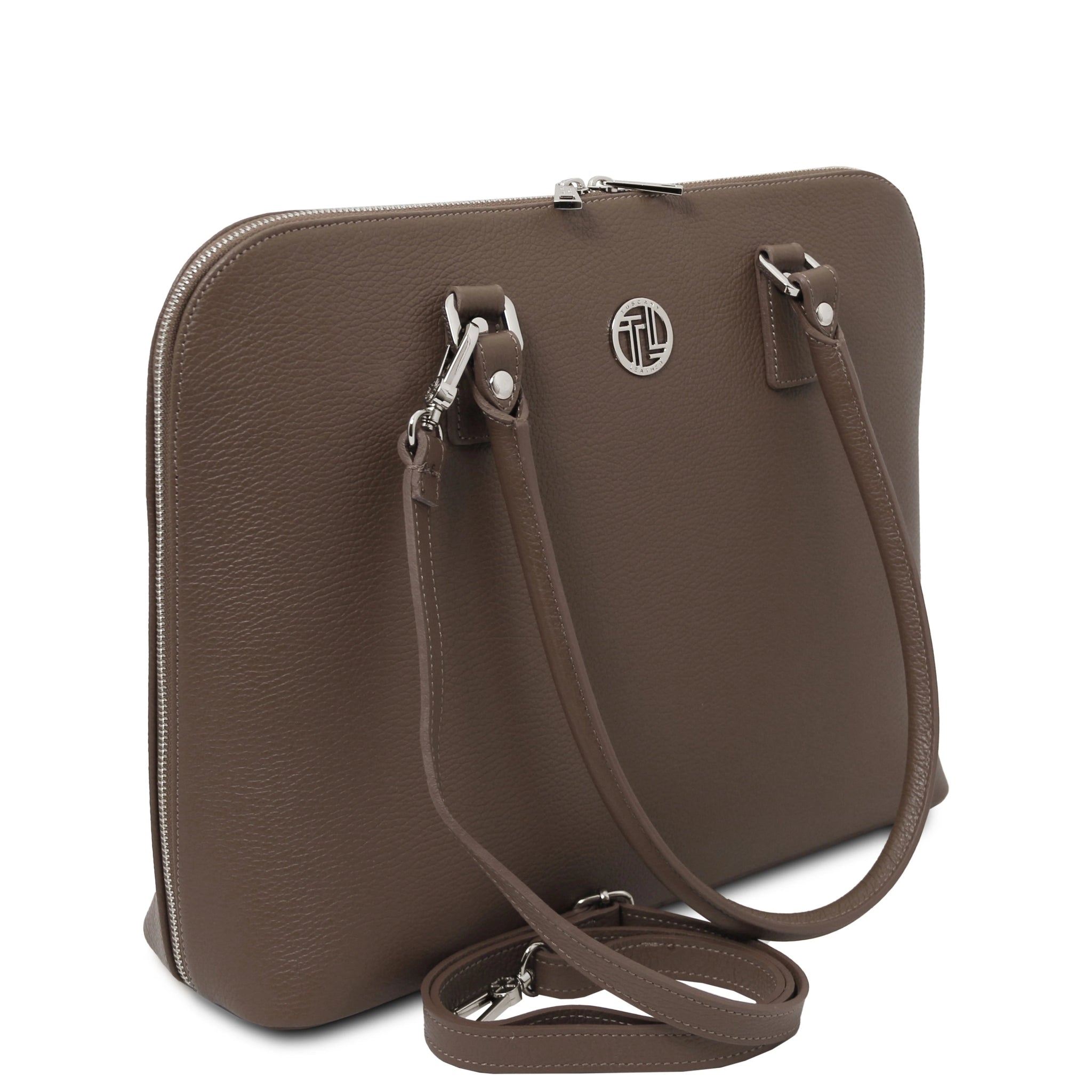 Magnolia Italian Leather Business Bag in dark taupe showing TL silver medallion logo and the detachable shoulder strap