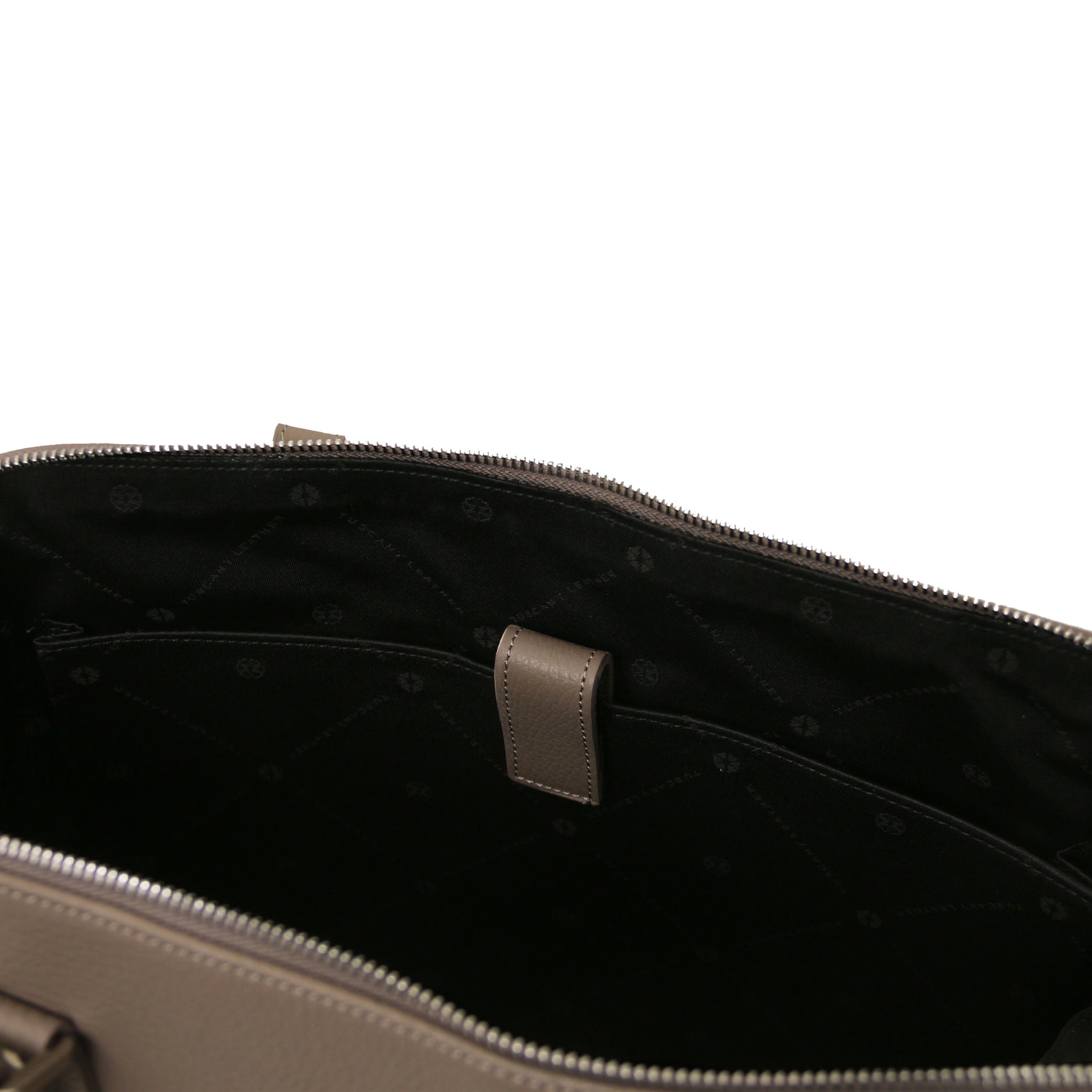 Interior opened pocket view Magnolia Italian Leather Business Bag in dark taupe showing black bag lining