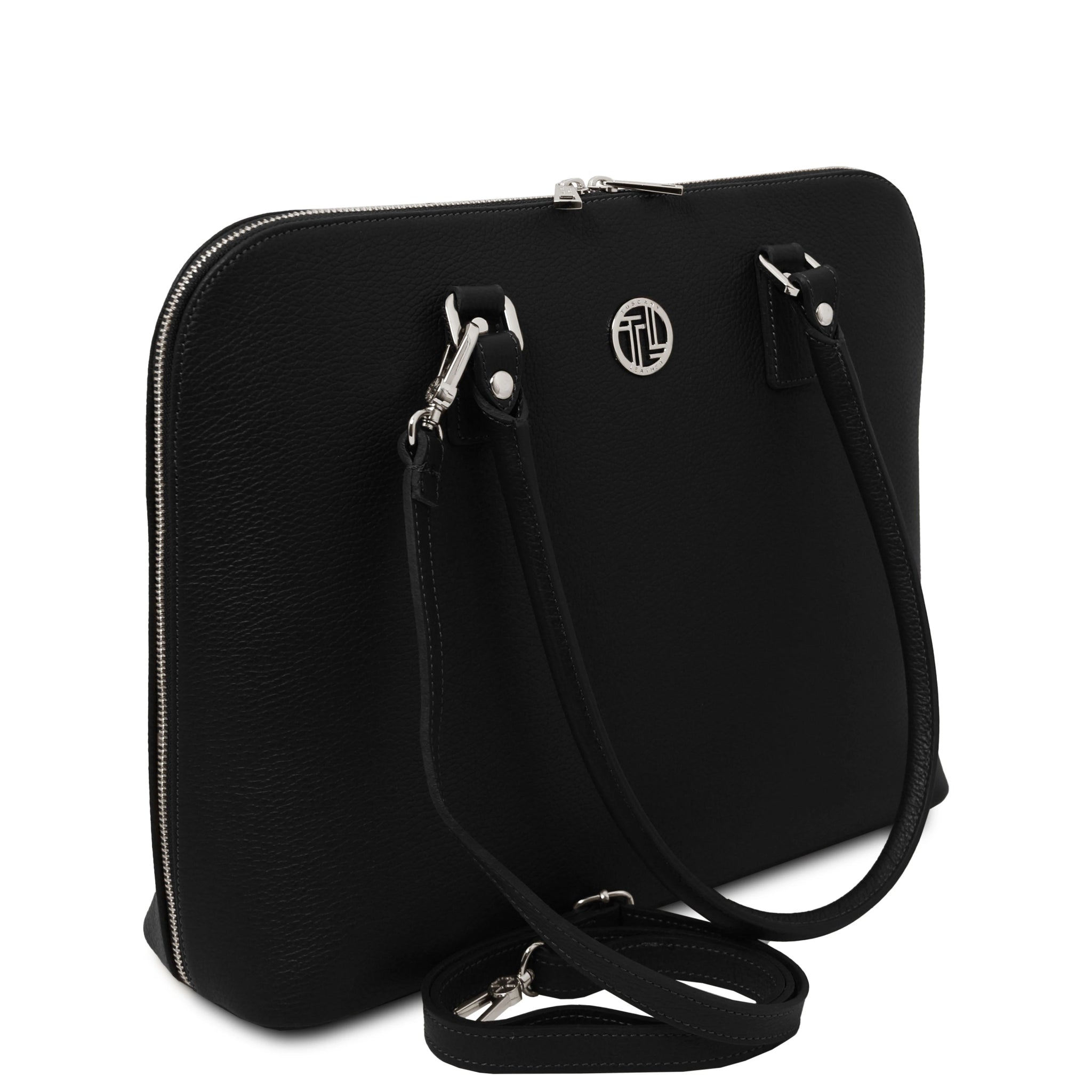 Magnolia Italian Leather Business Bag in black showing TL silver medallion logo and the detachable shoulder strap