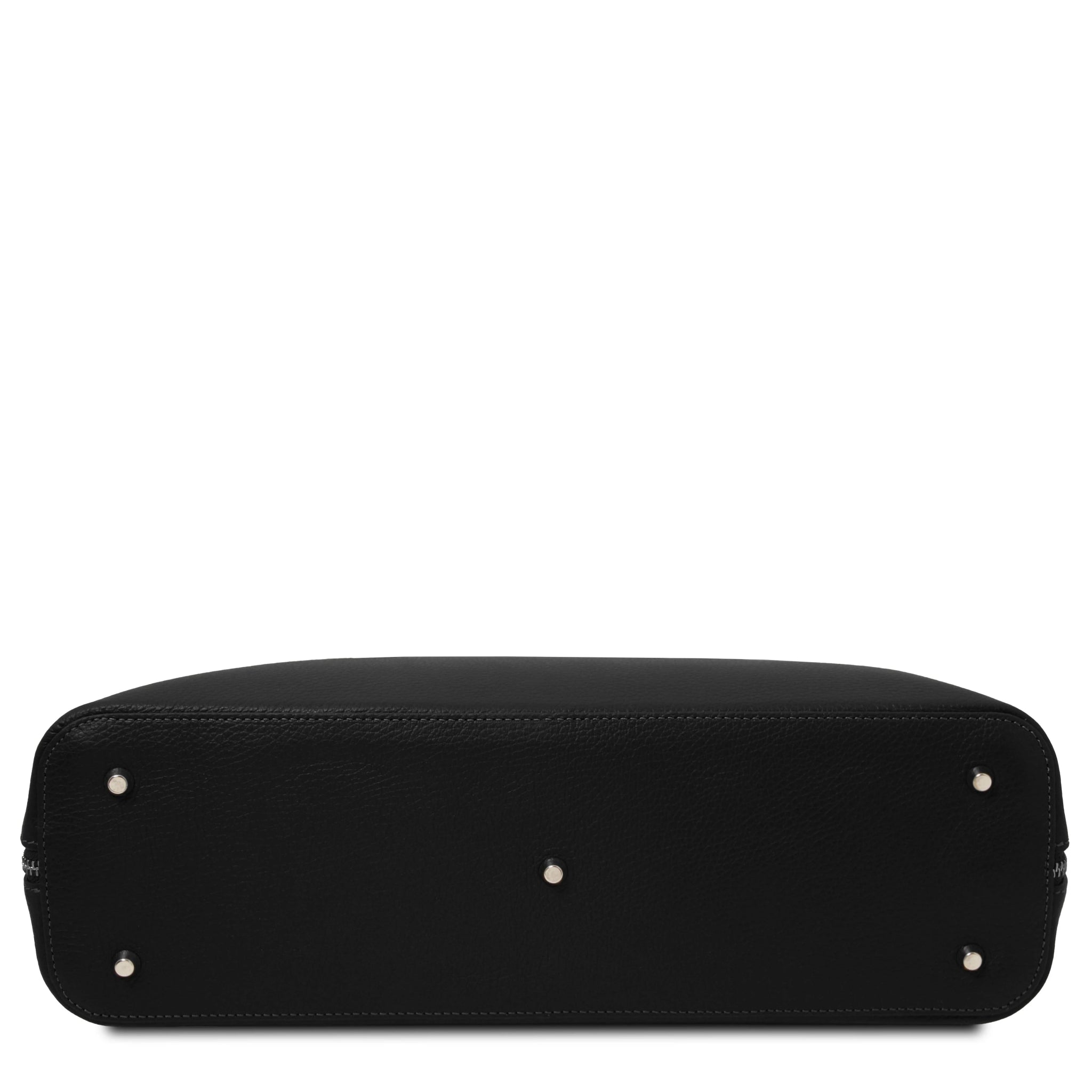 Magnolia Leather Business Bag in black bottom view showing silver tone metal protective feet