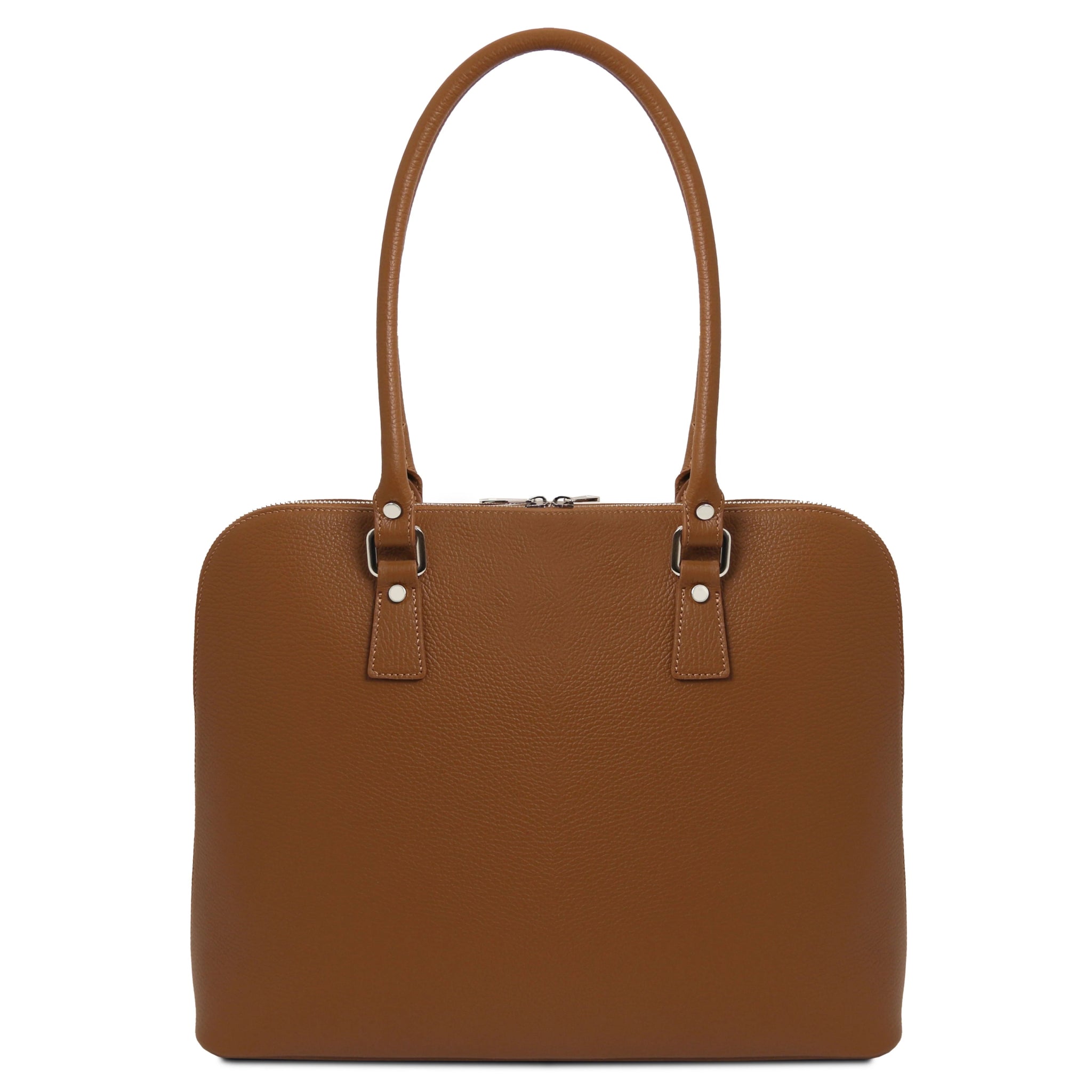 Magnolia Leather Business Bag in cognac back view showing high sculptured handles with silver toned hardware