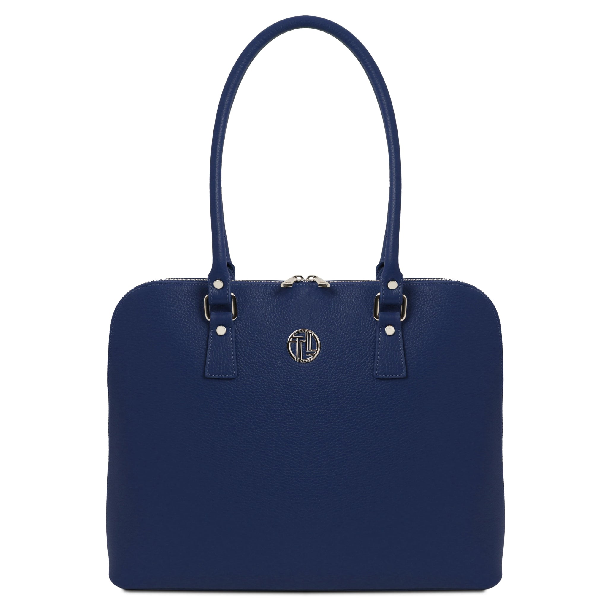 Magnolia Leather Business Bag in dark blue showing high sculptured handles with silver toned hardware