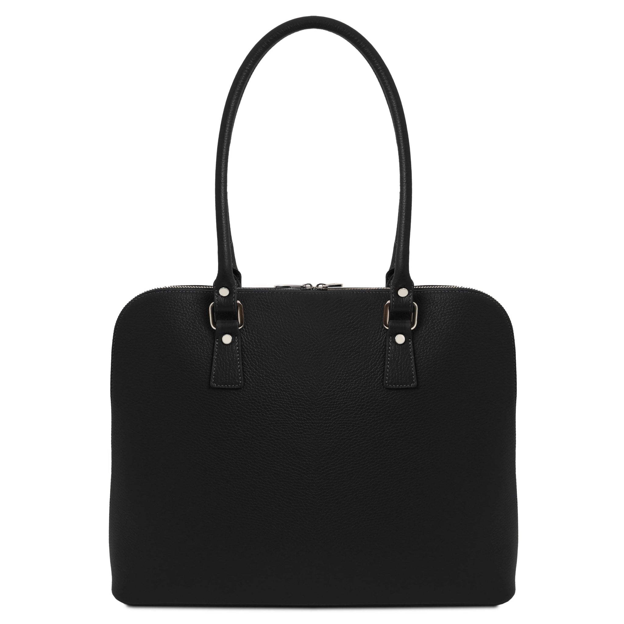 Magnolia Leather Business Bag in black back view showing high sculptured handles with silver toned hardware