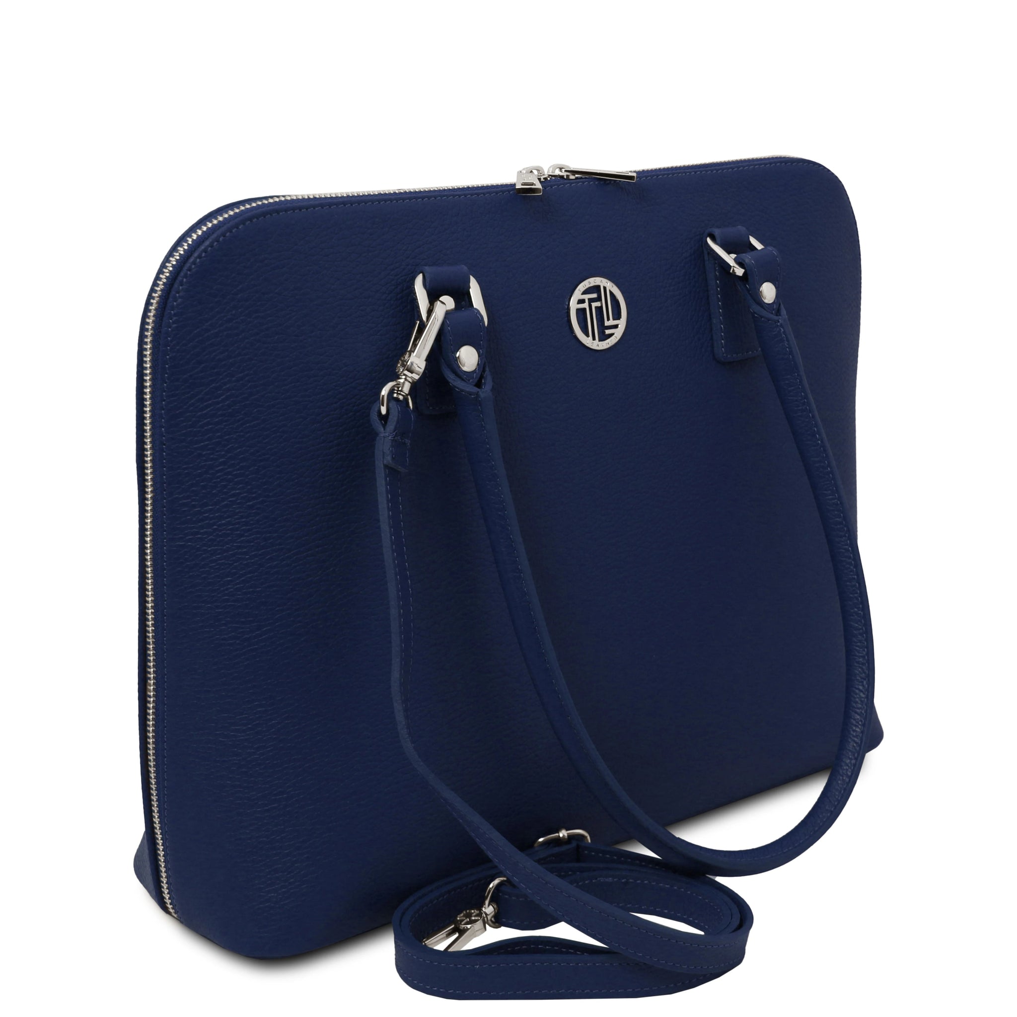 Magnolia Italian Leather Business Bag in dark blue showing TL silver medallion logo and the detachable shoulder strap