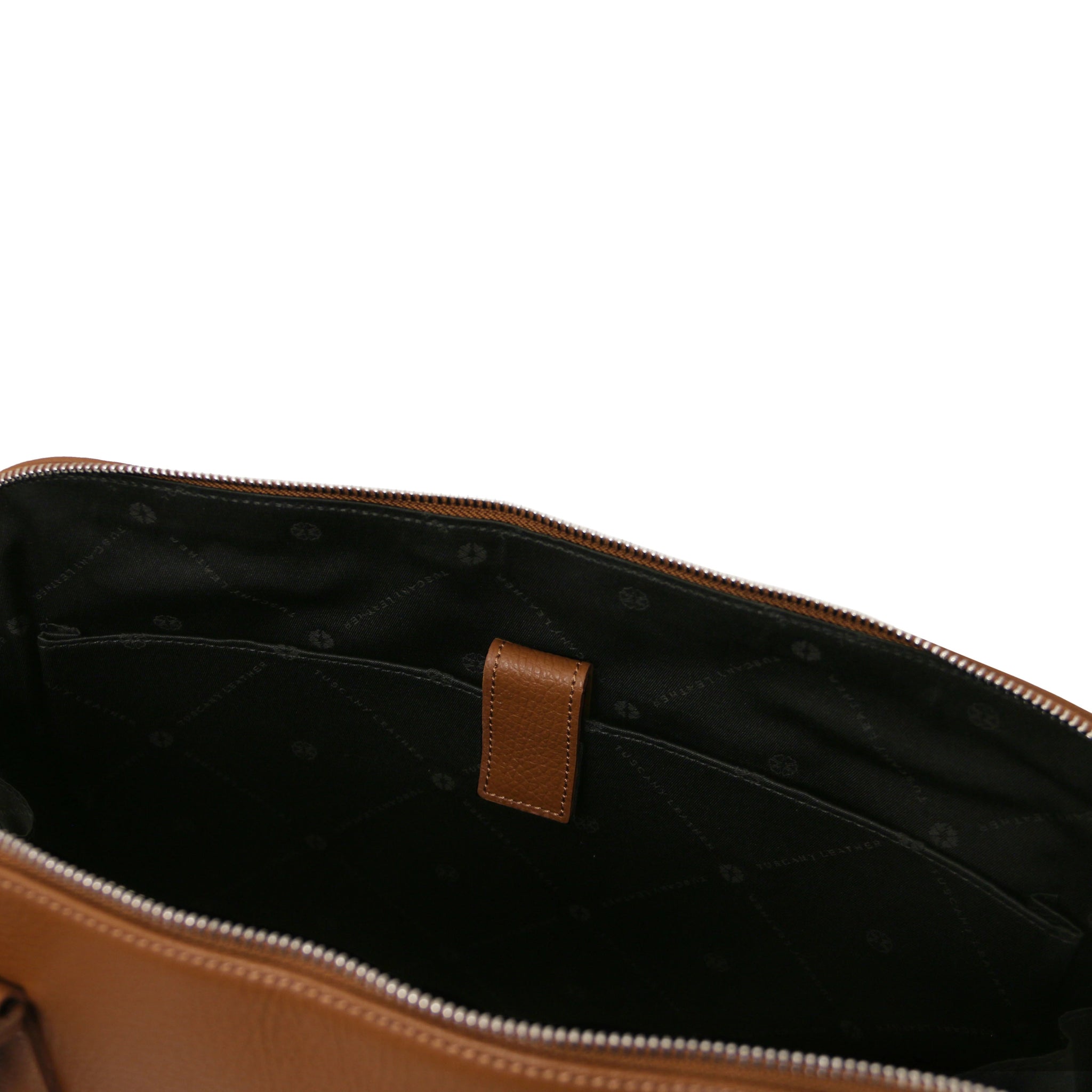 Interior opened pocket view Magnolia Italian Leather Business Bag in cognac showing black bag lining