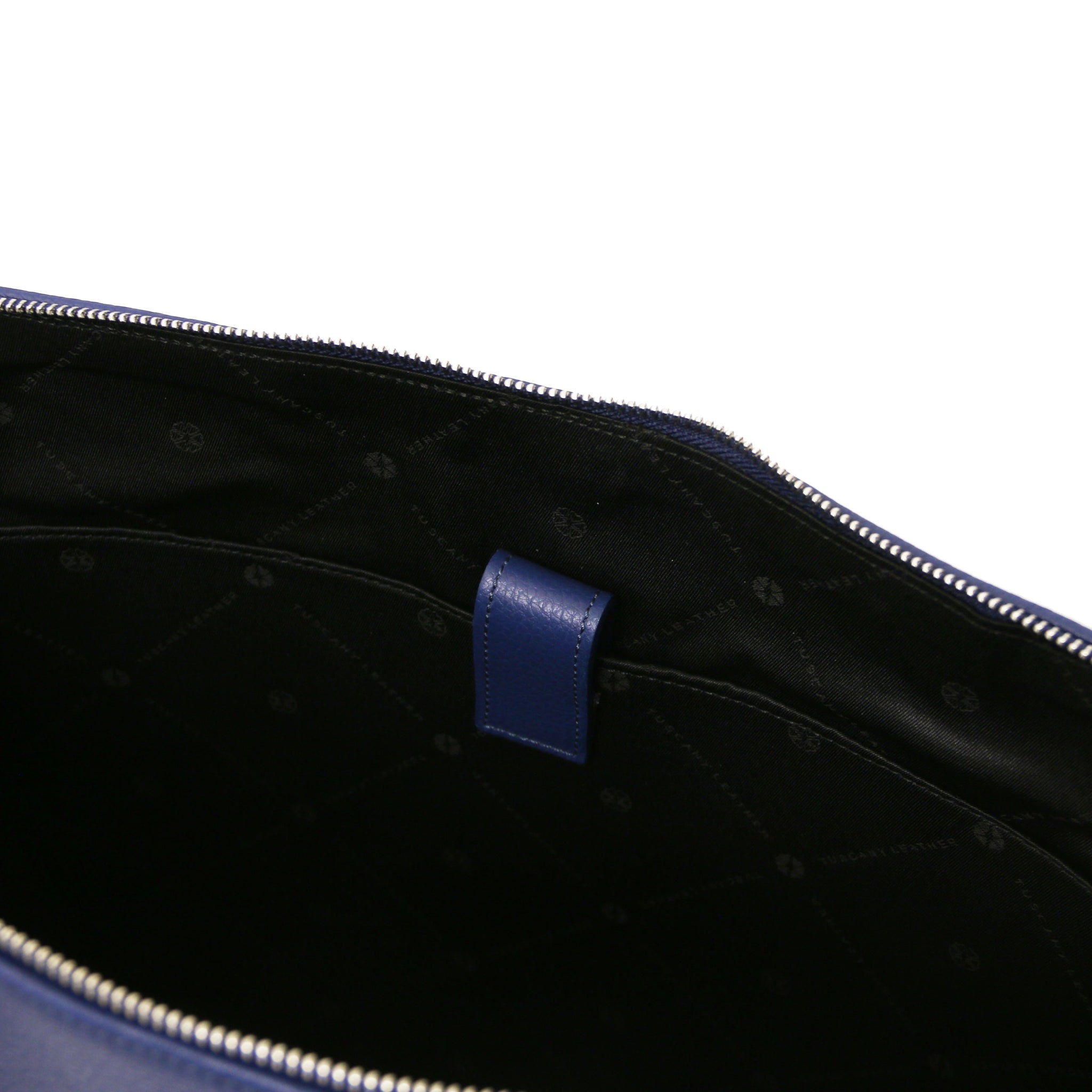 Interior opened pocket view Magnolia Italian Leather Business Bag in dark blue showing black bag lining