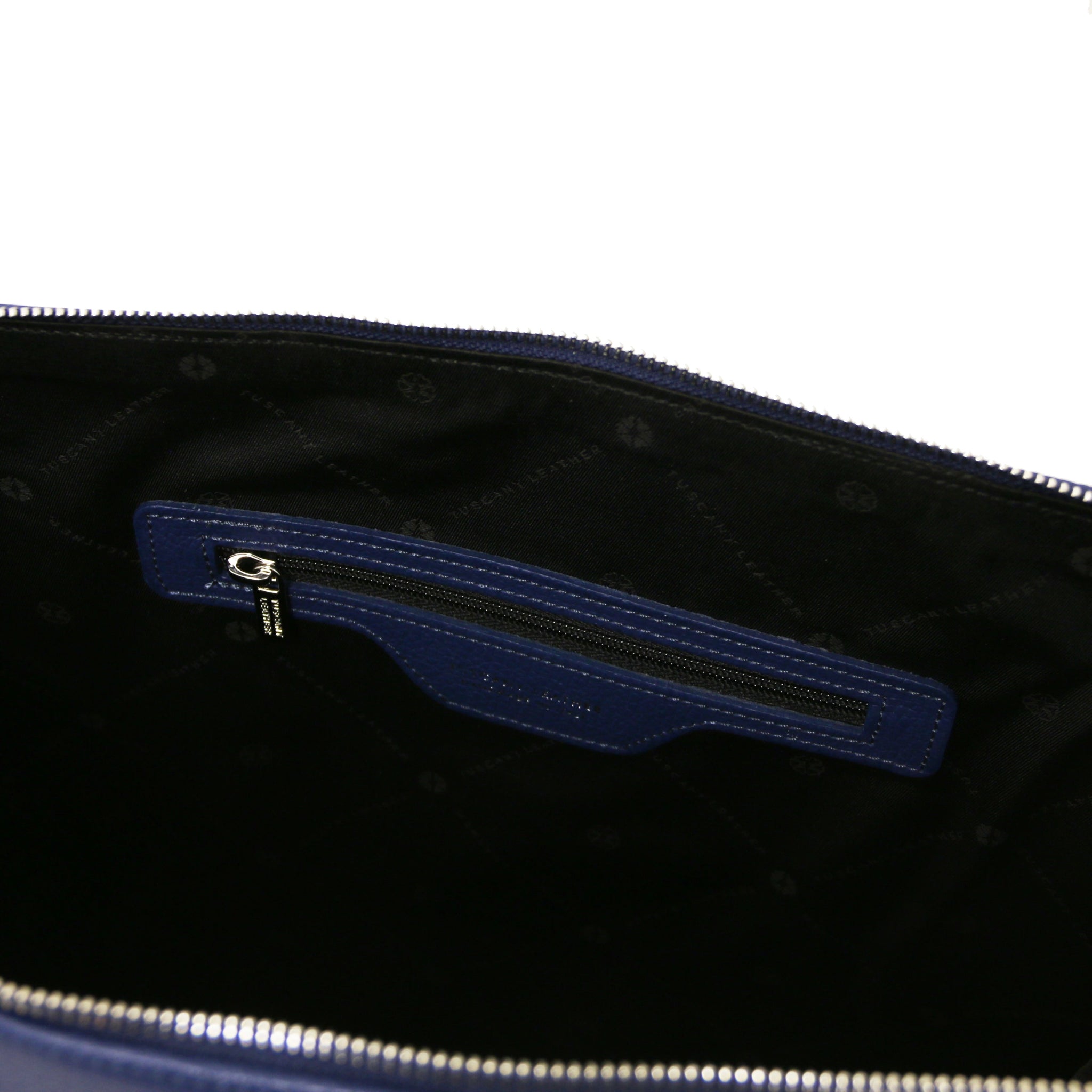 Interior zippered pocket view Magnolia Italian Leather Business Bag in dark blue showing black bag lining