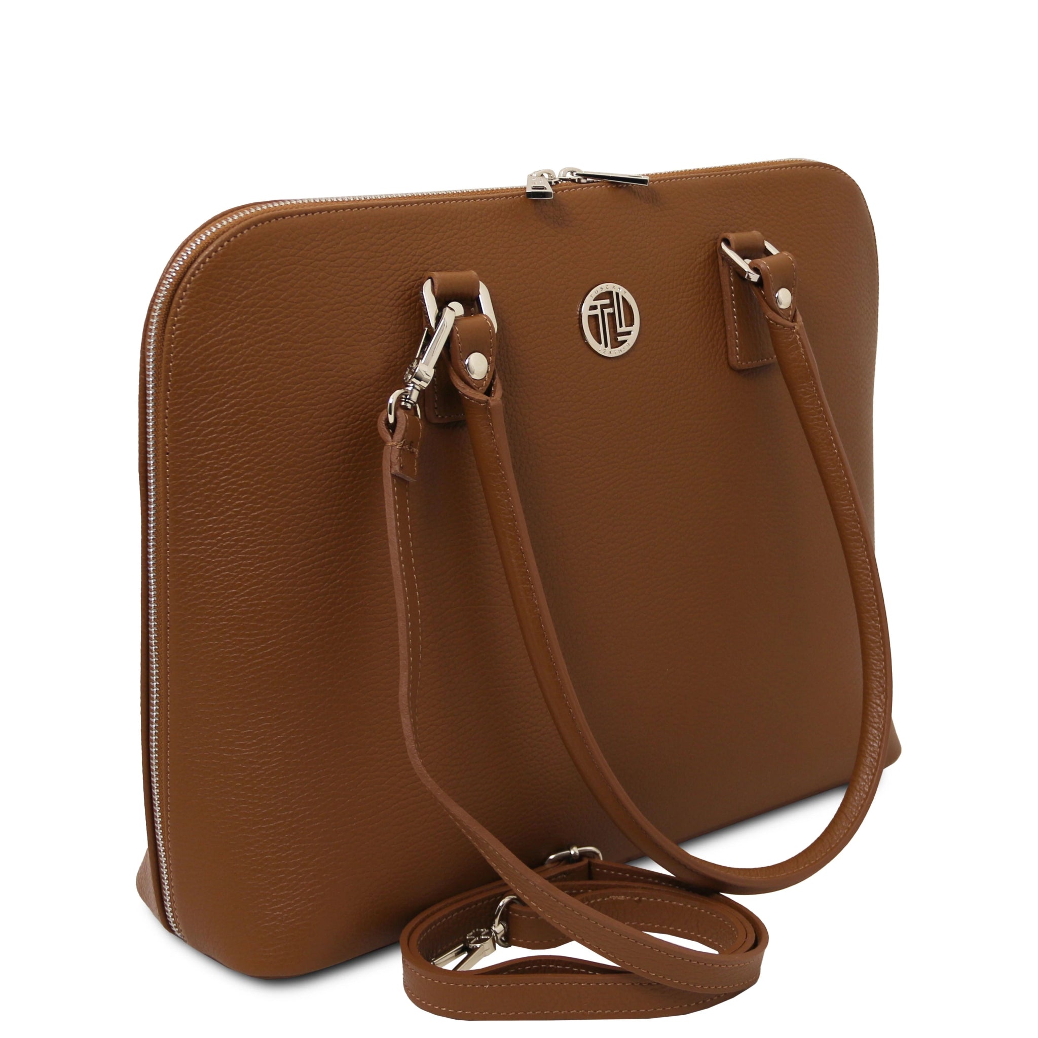 Magnolia Italian Leather Business Bag in cognac showing TL silver medallion logo and the detachable shoulder strap