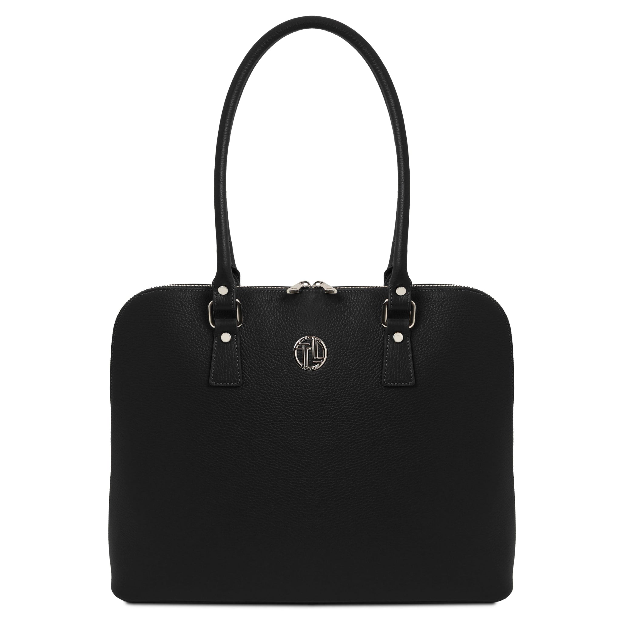 Magnolia Leather Business Bag in black showing high sculptured handles with silver toned hardware and TL medallion logo
