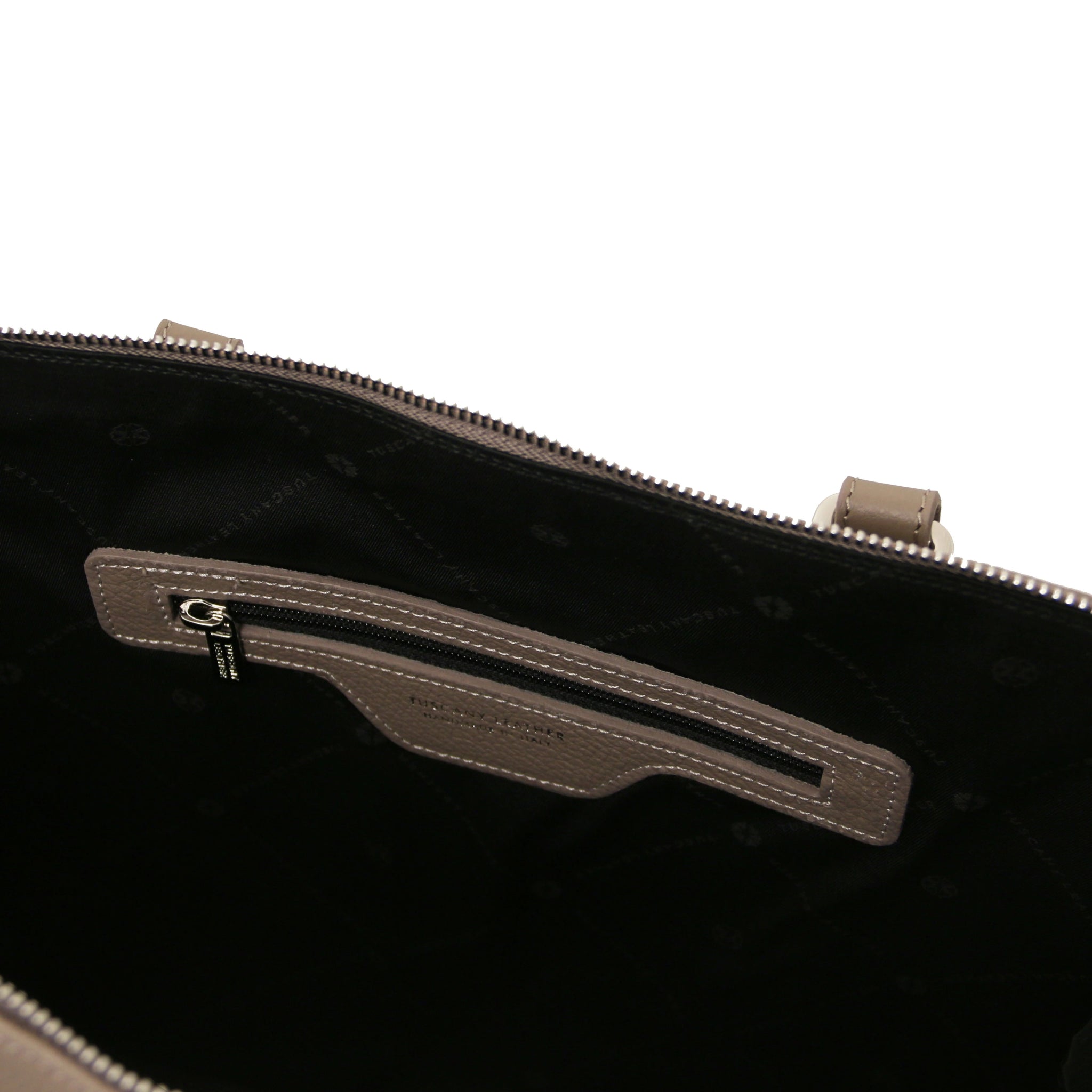 Interior zippered pocket view Magnolia Italian Leather Business Bag in dark taupe showing black bag lining