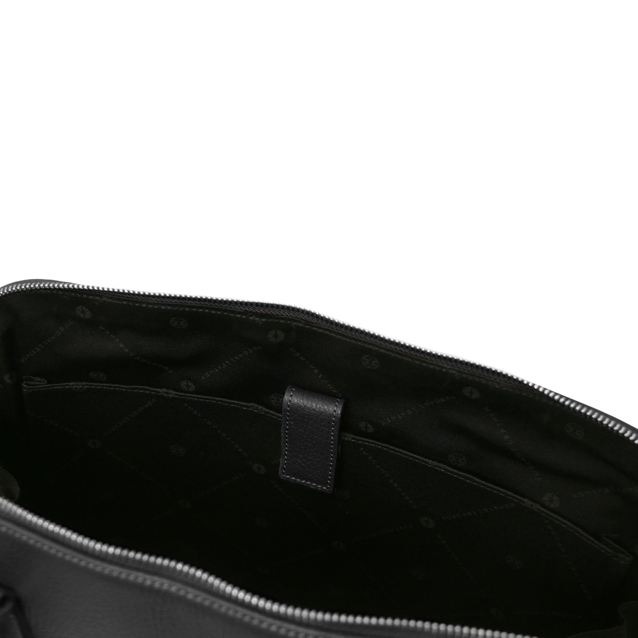 Magnolia Italian Leather Business Bag in black showing black interior and PC compartment