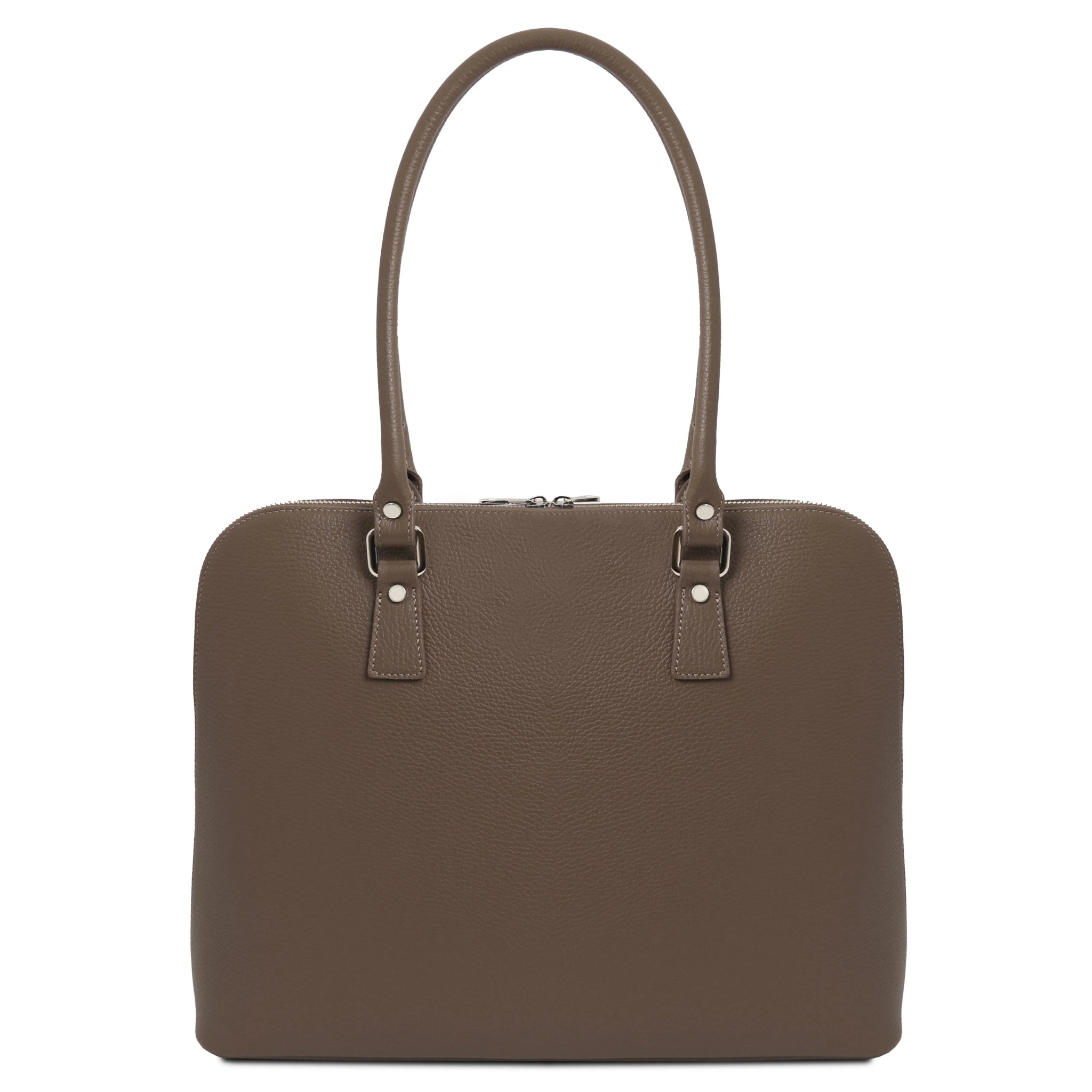 Magnolia Leather Business Bag indark taupe back view showing high sculptured handles with silver toned hardware