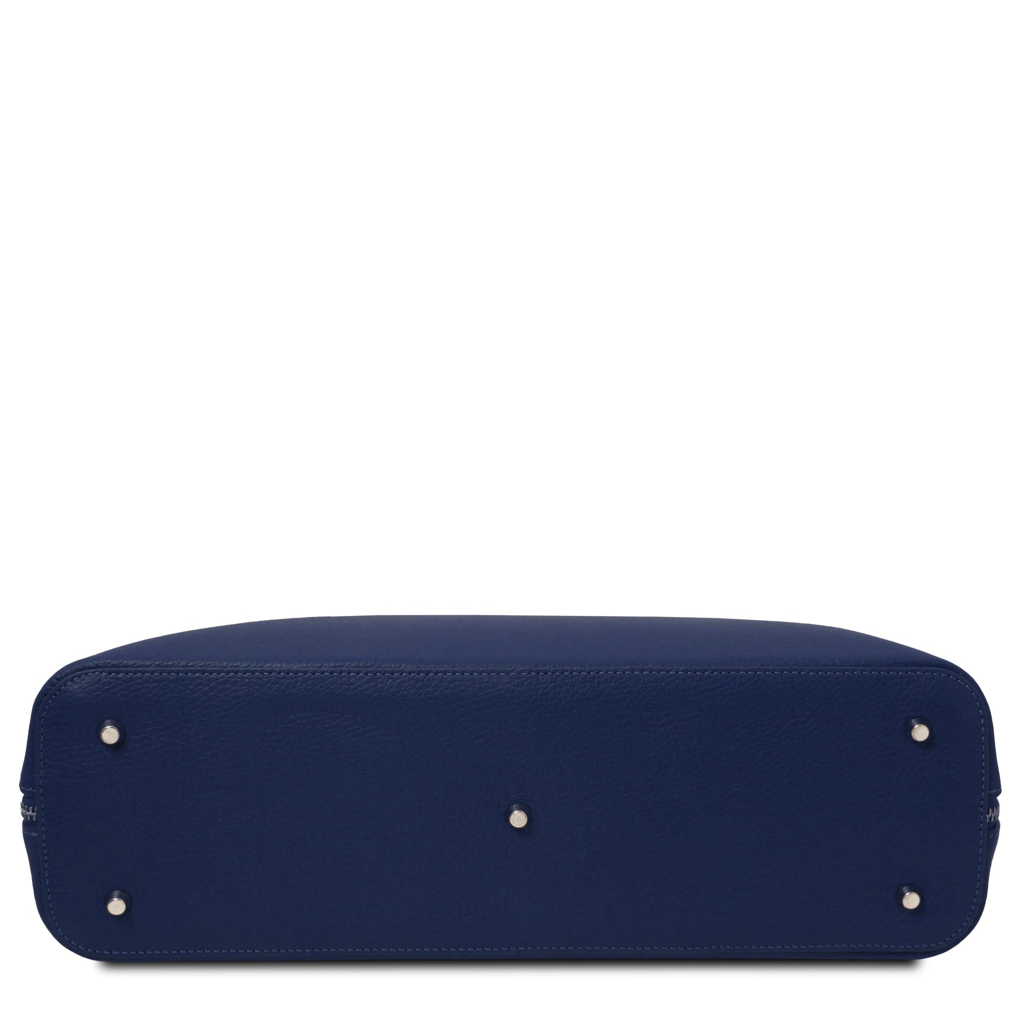 Magnolia Leather Business Bag in dark blue bottom view showing silver tone metal protective feet