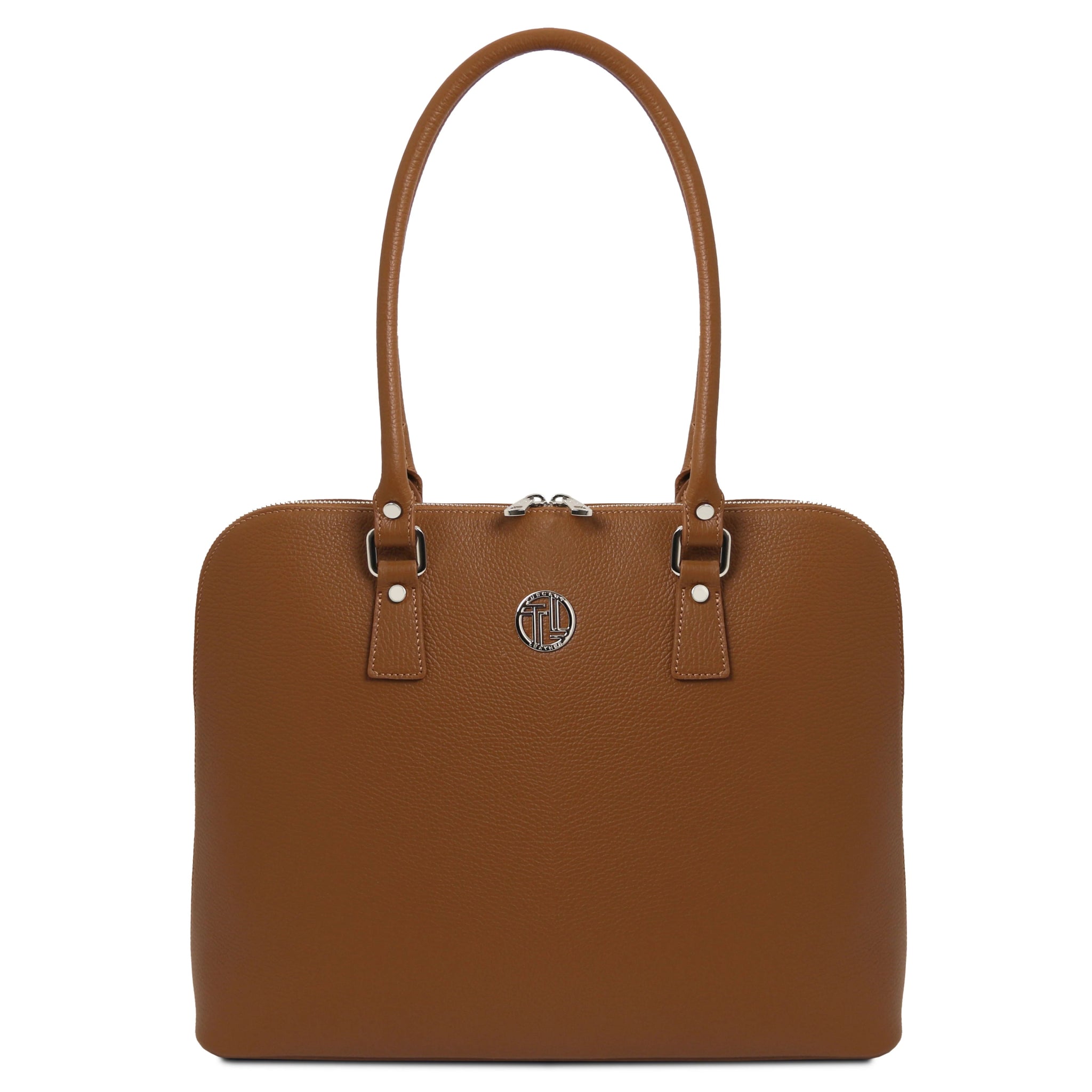 Magnolia Italian Leather Business Bag in cognac showing TL silver medallion logo, detachable shoulder strap, tall sculptured handle