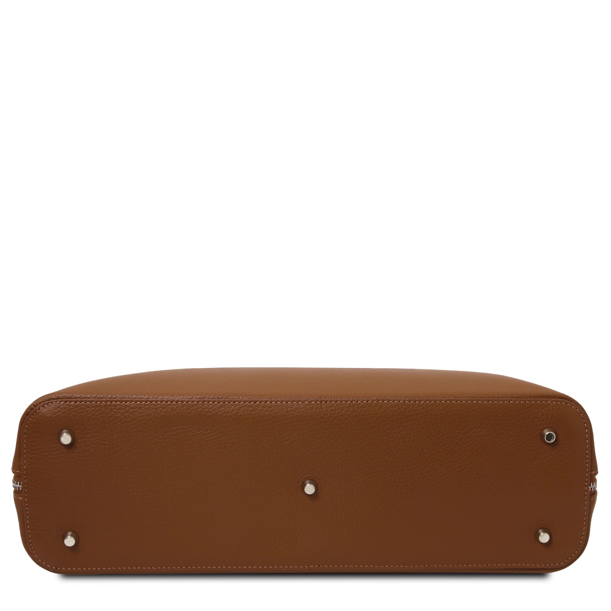 Magnolia Leather Business Bag in cognac bottom view showing silver tone metal protective feet
