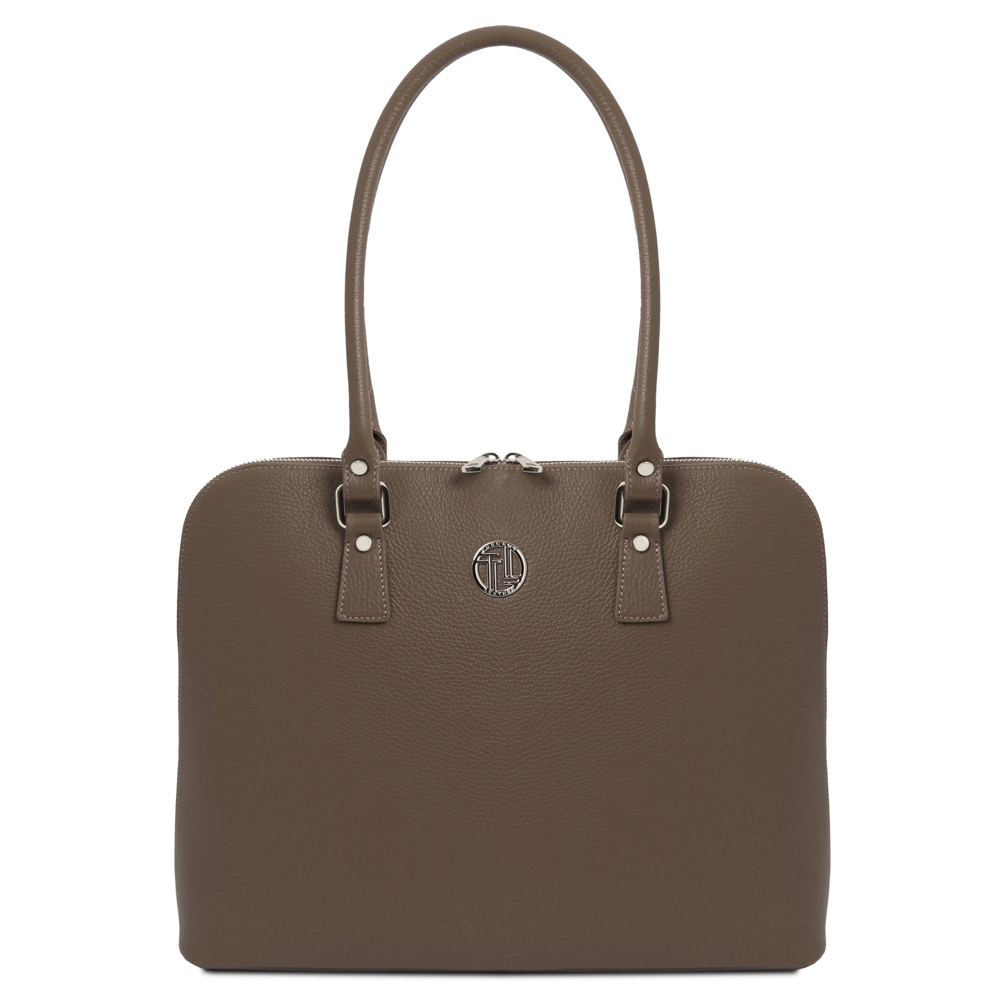 Magnolia Leather Business Bag in black back view showing high sculptured handles with silver toned hardware