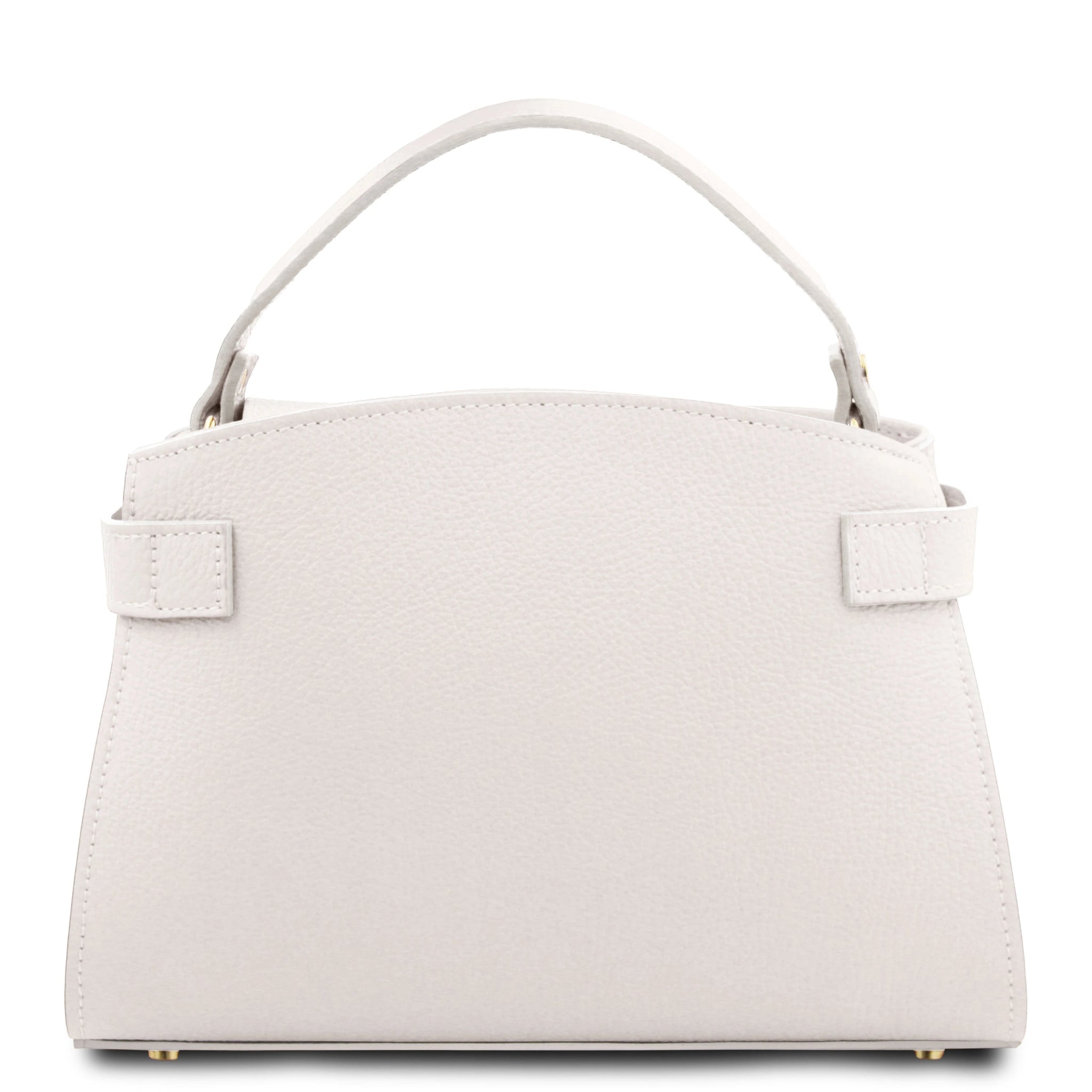 Back view Maisy Italian Leather Small Tote Bag in white showing smooth exterior with the belted front cleanly stitched on the bag sides.