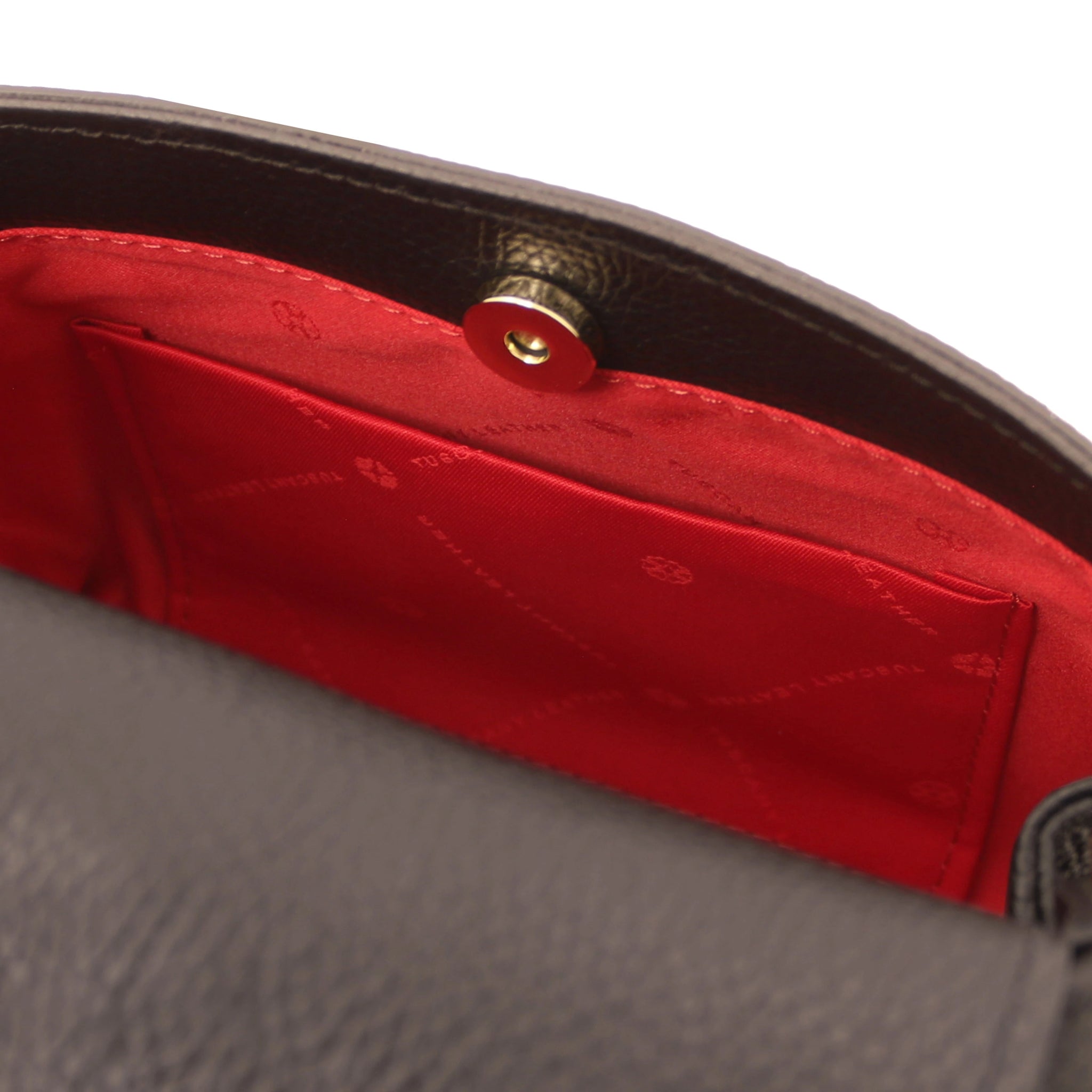 Interior Open Pocket View Maisy Italian Leather Small Tote Bag in Black showing vibrant red lining