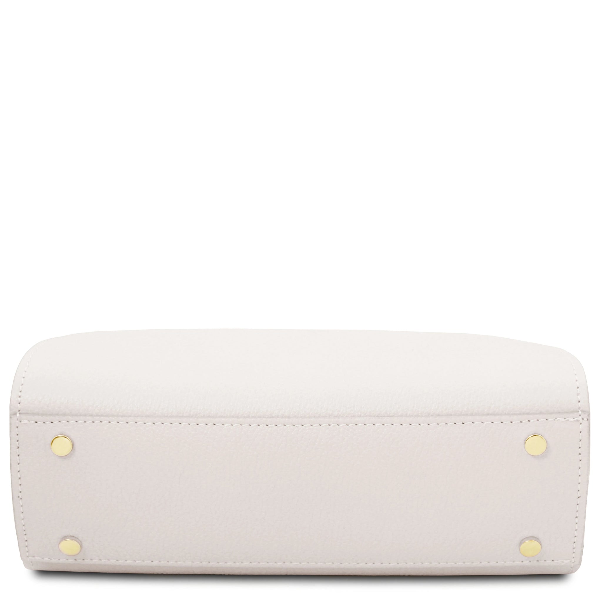 Bottom view Maisy Italian Leather Small Tote Bag in white showing four gold-toned protective ftte
