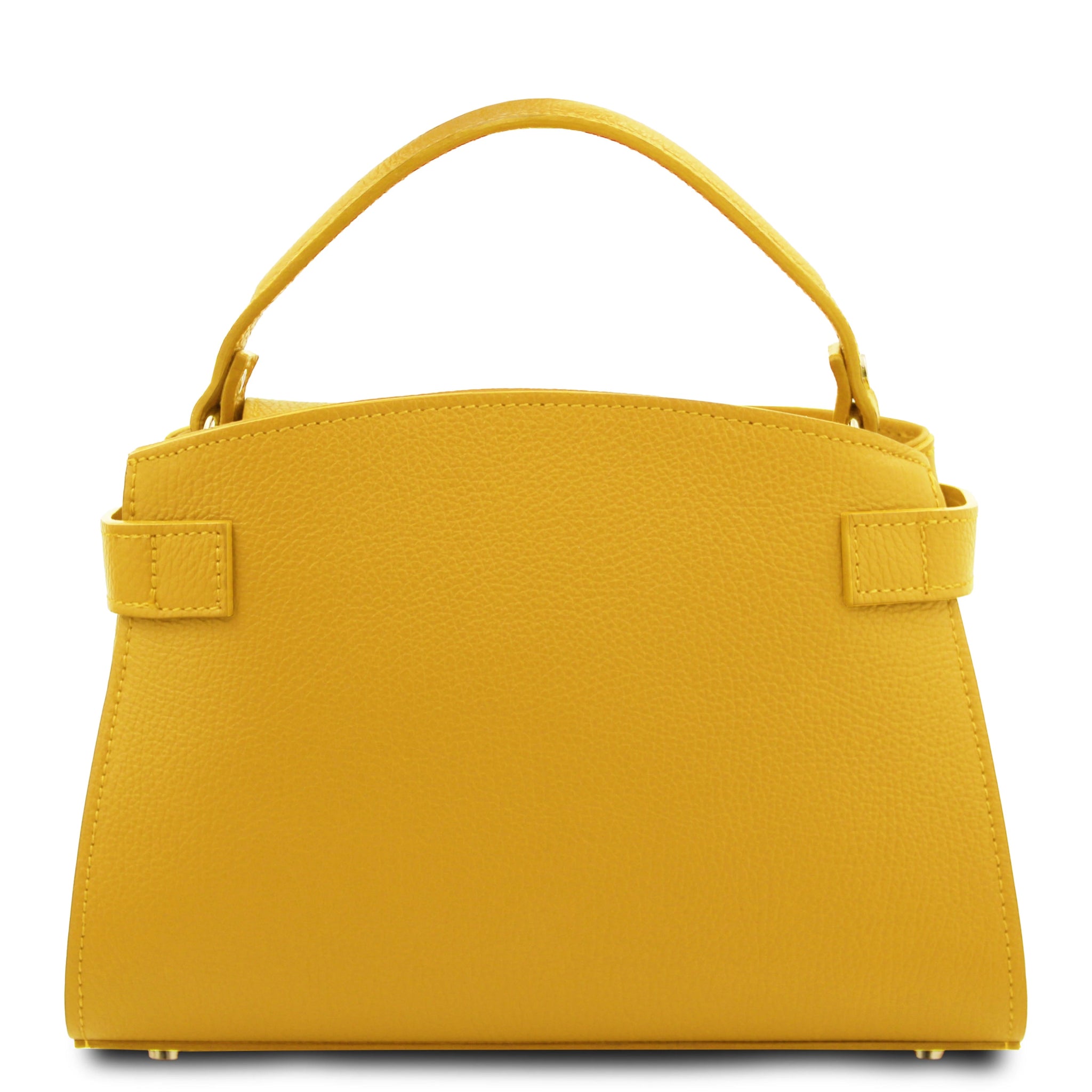 Black view Maisy Italian Leather Small Tote Bag in pastel yellow showing handle and gold hardware