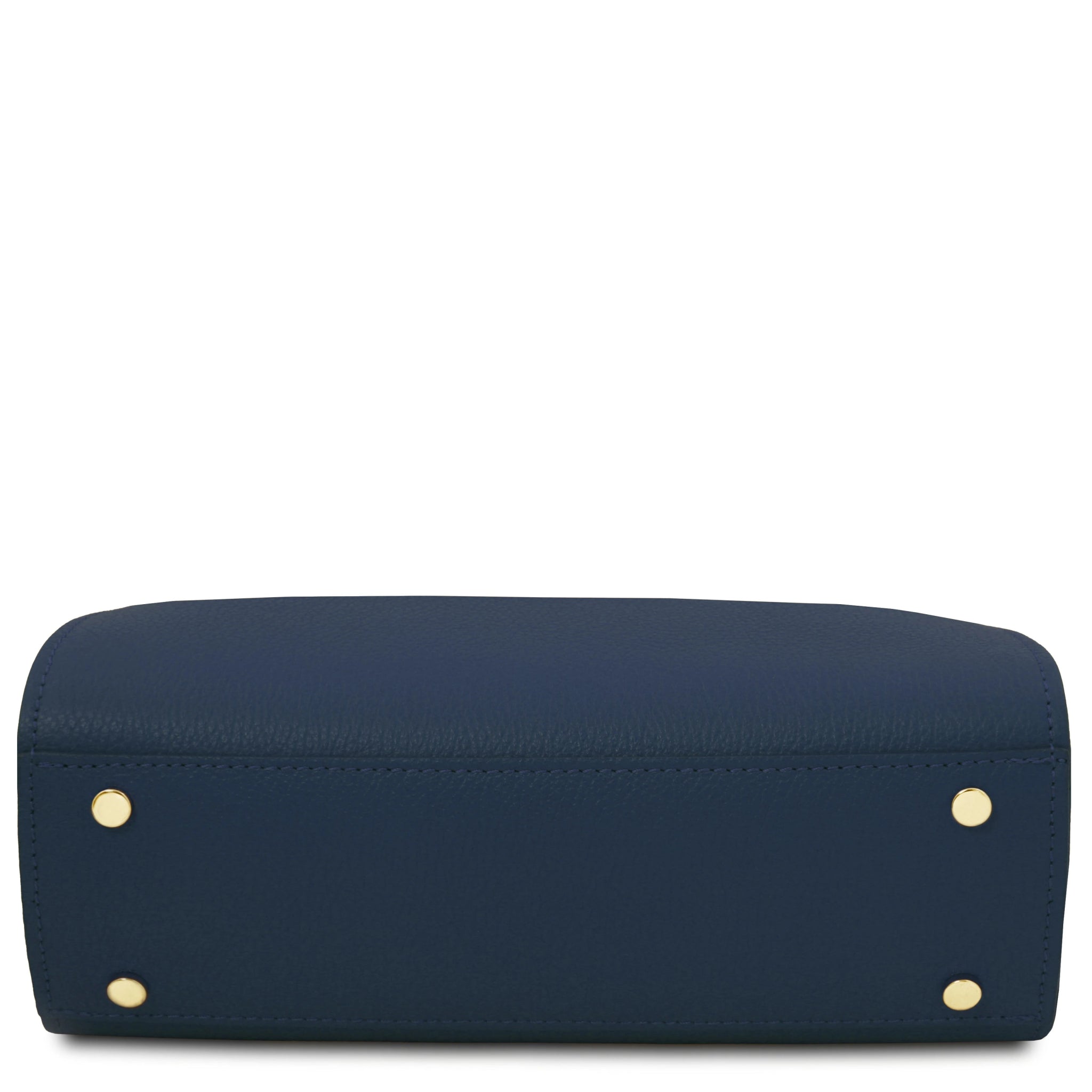 Bottom view Maisy Italian Leather Small Tote Bag in dark blue showing protective feet