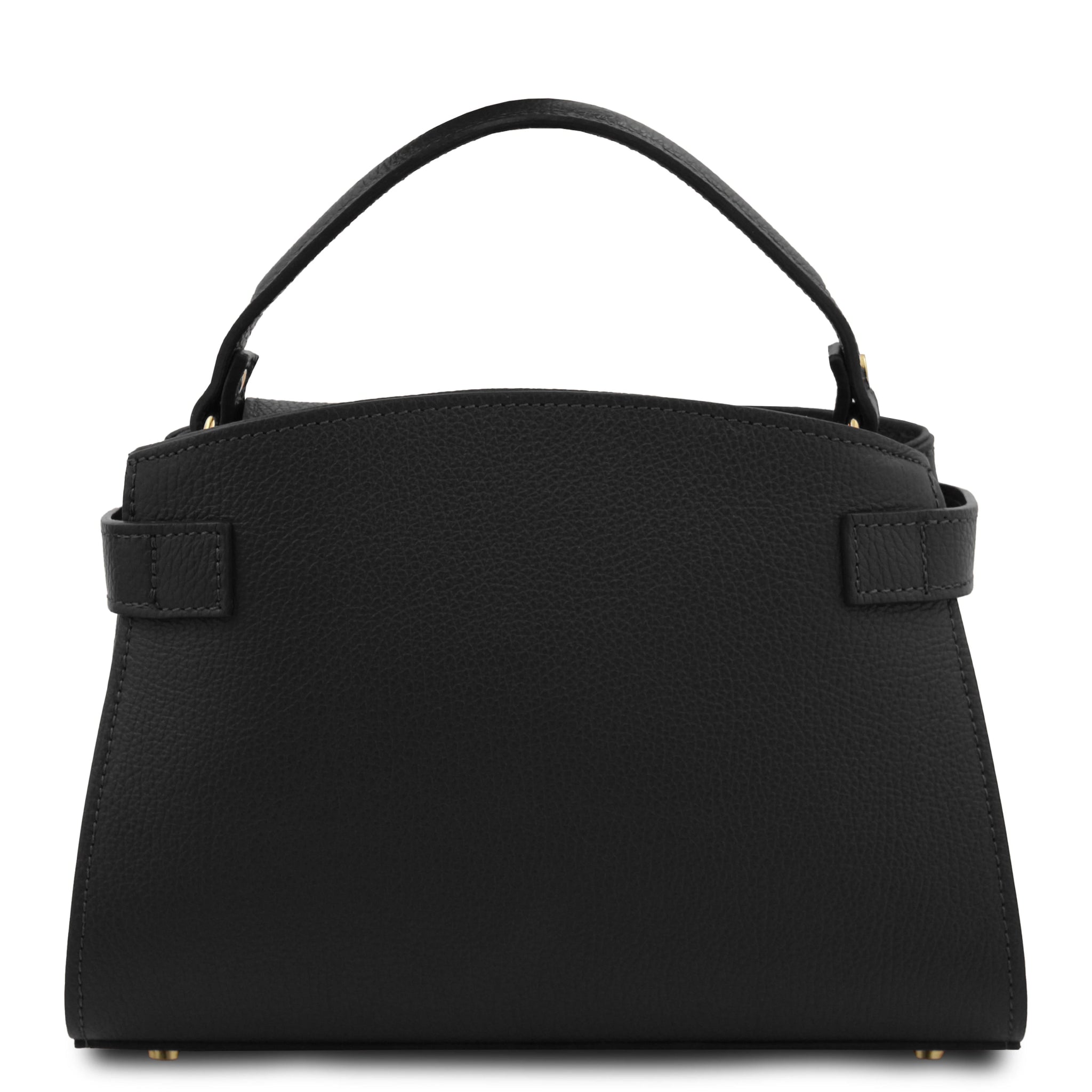 Black view Maisy Italian Leather Small Tote Bag in black showing handle and gold hardware